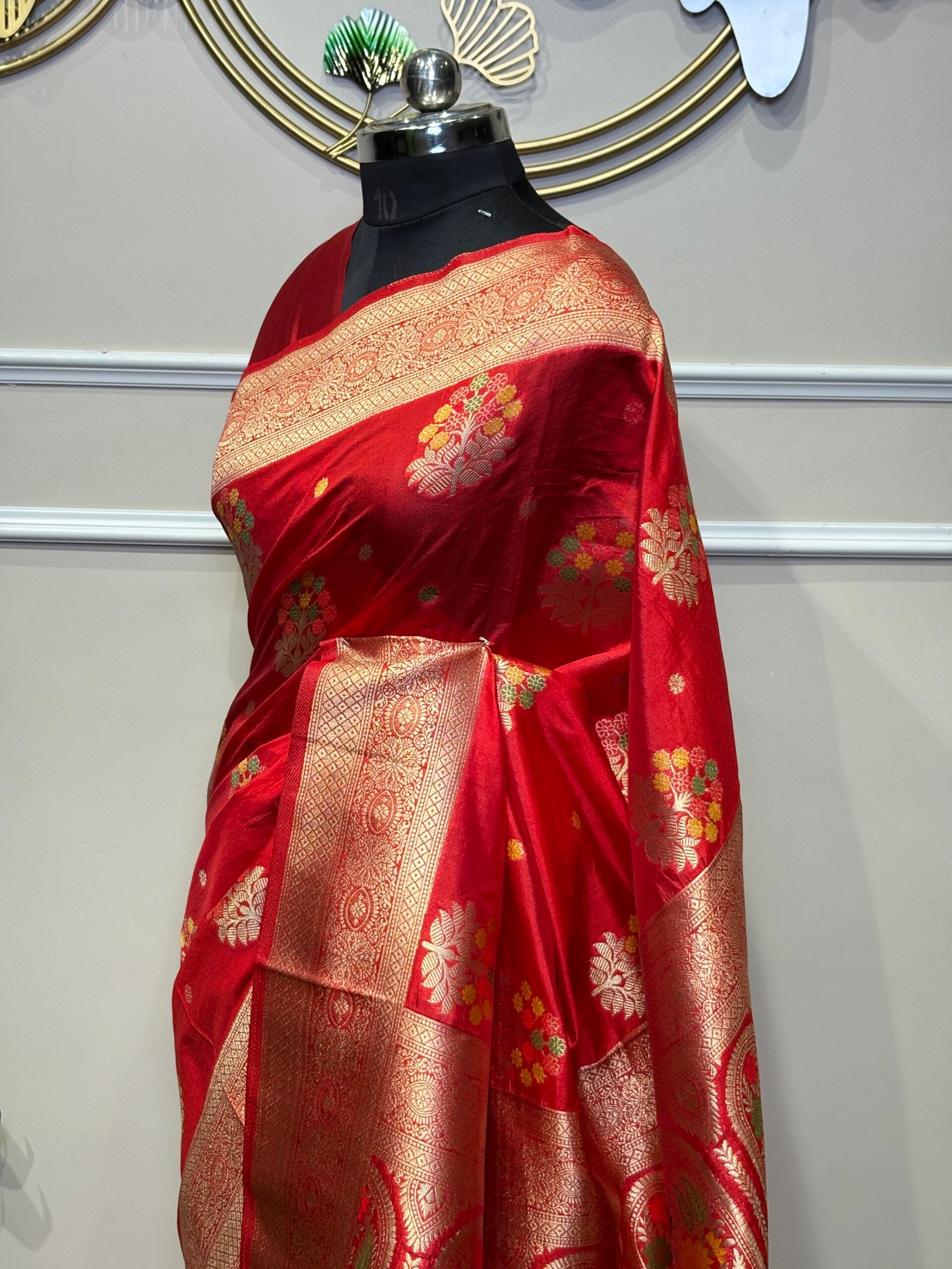 Red Banarasi Saree with Multicolor Floral Motifs - Image 2