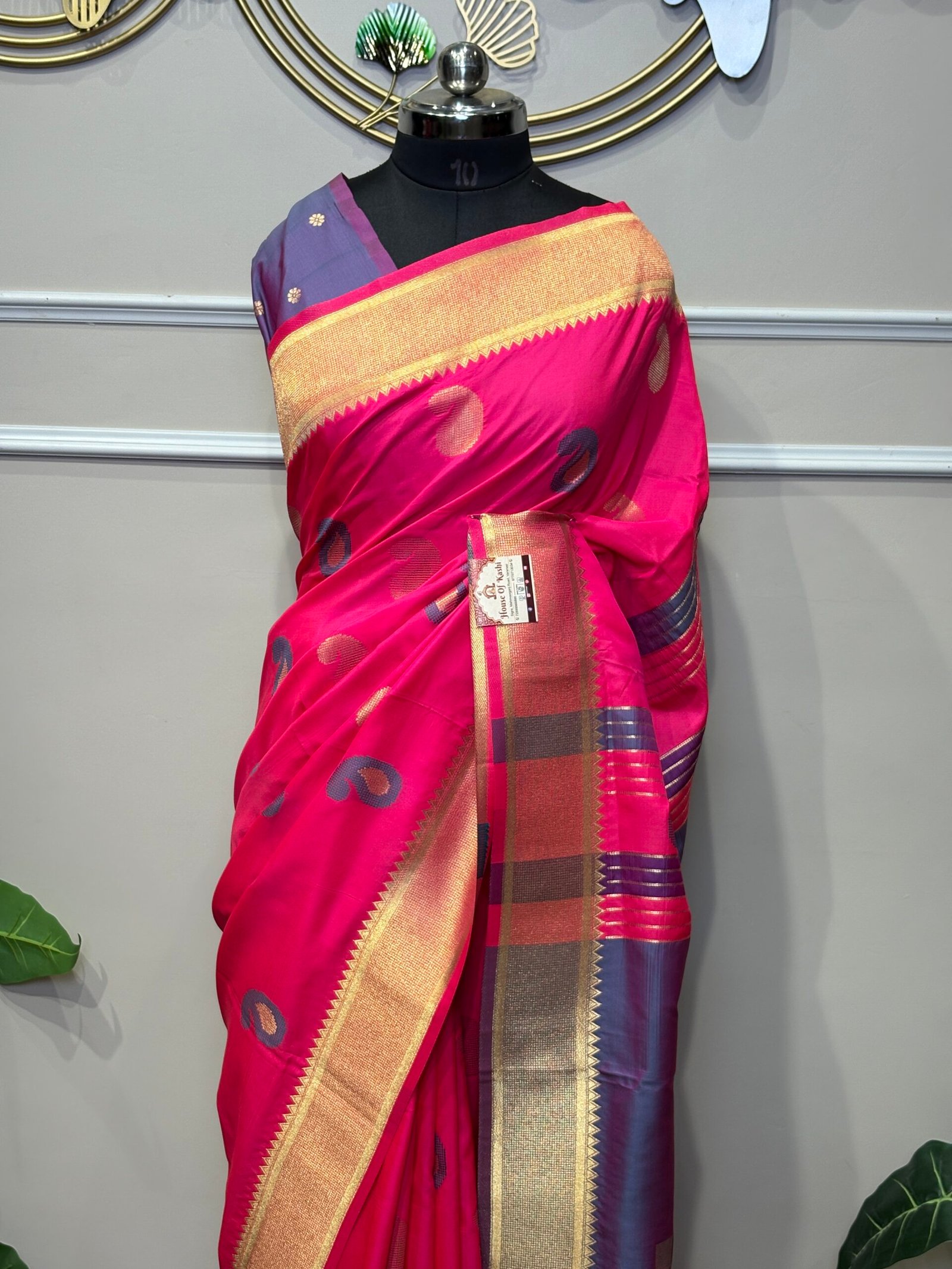 Rani Pink Silk Saree with Purple Pallu & Golden Zari
