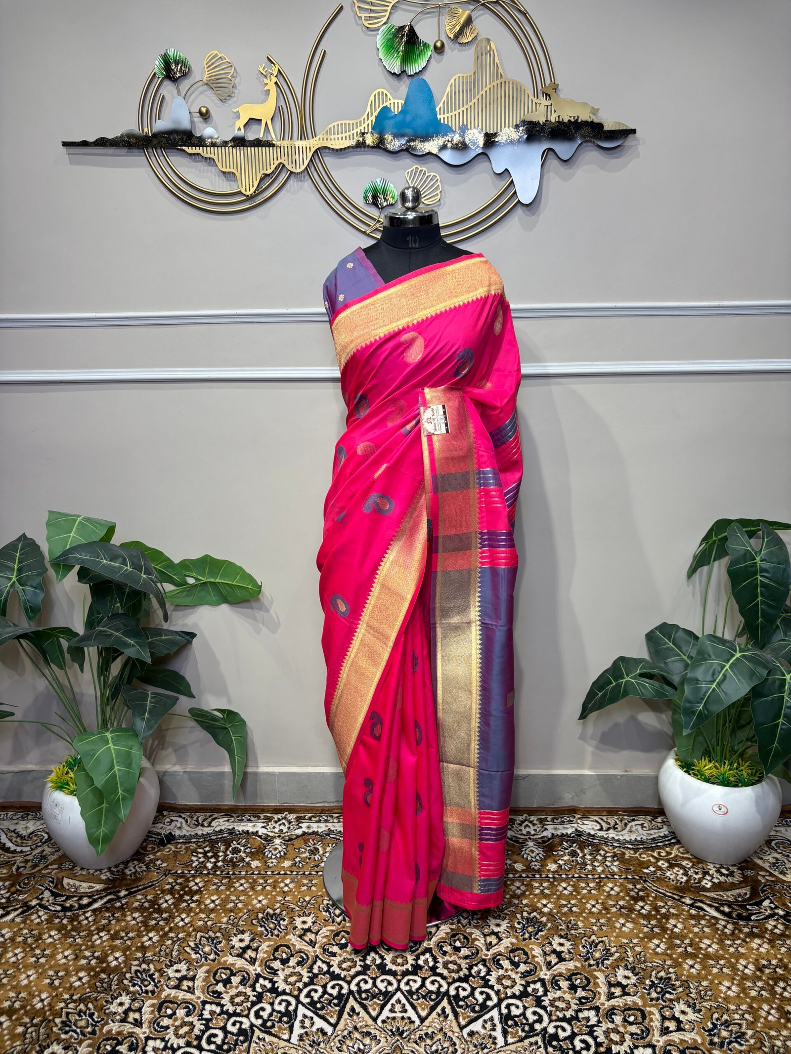 Rani Pink Silk Saree with Purple Pallu & Golden Zari - Image 2