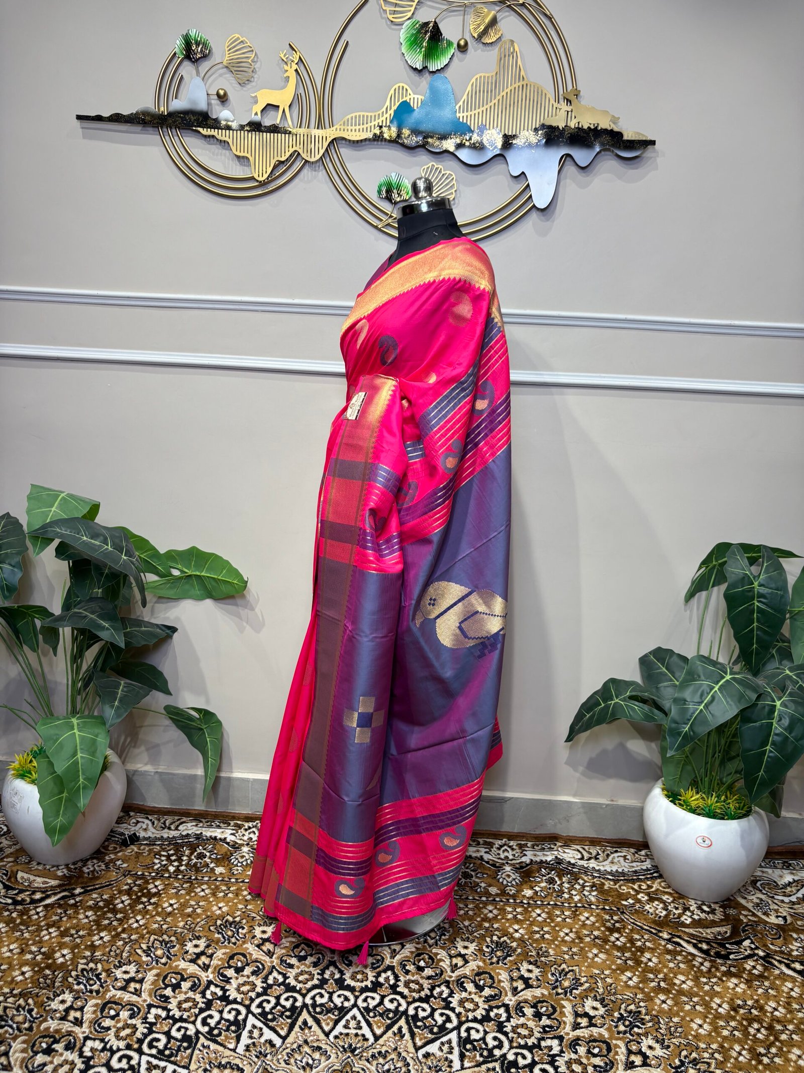 Rani Pink Silk Saree with Purple Pallu & Golden Zari - Image 3