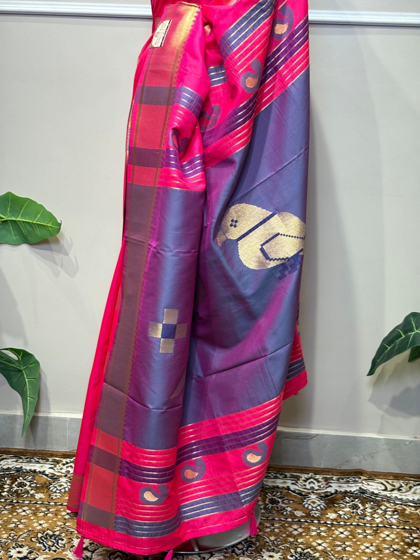 Rani Pink Silk Saree with Purple Pallu & Golden Zari - Image 6