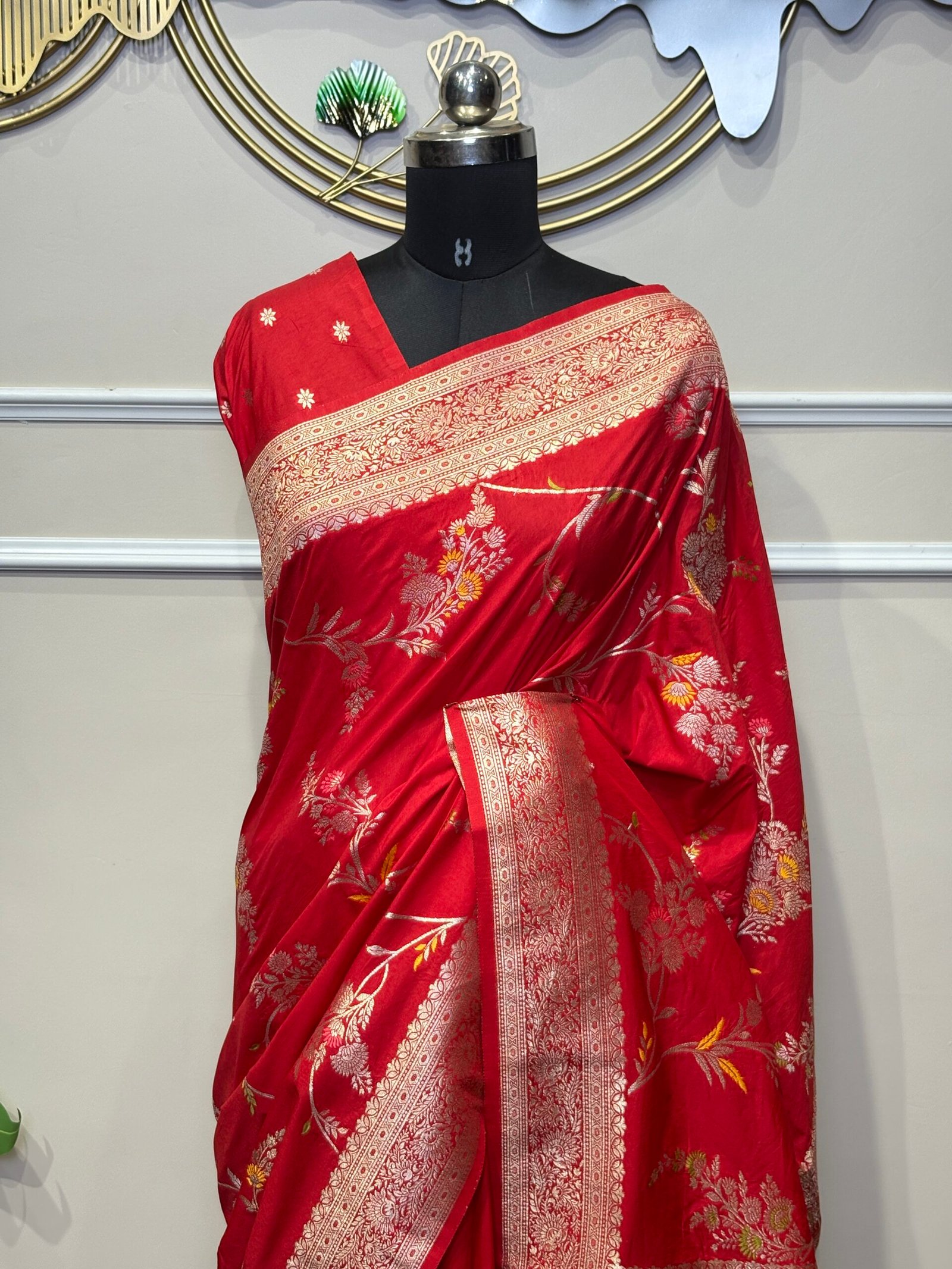 Red Banarasi Silk Saree with Floral Zari Motifs