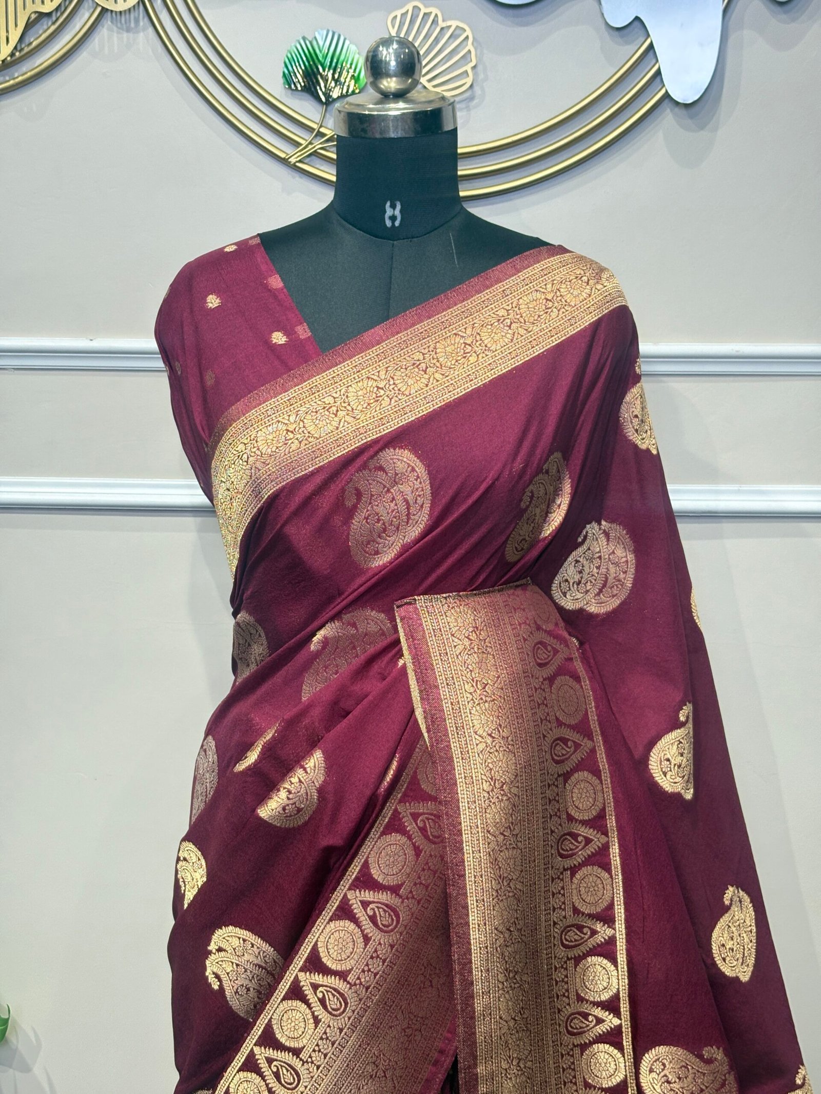 Wine Maroon Banarasi Silk Saree with Antique Gold Zari Paisley Motifs