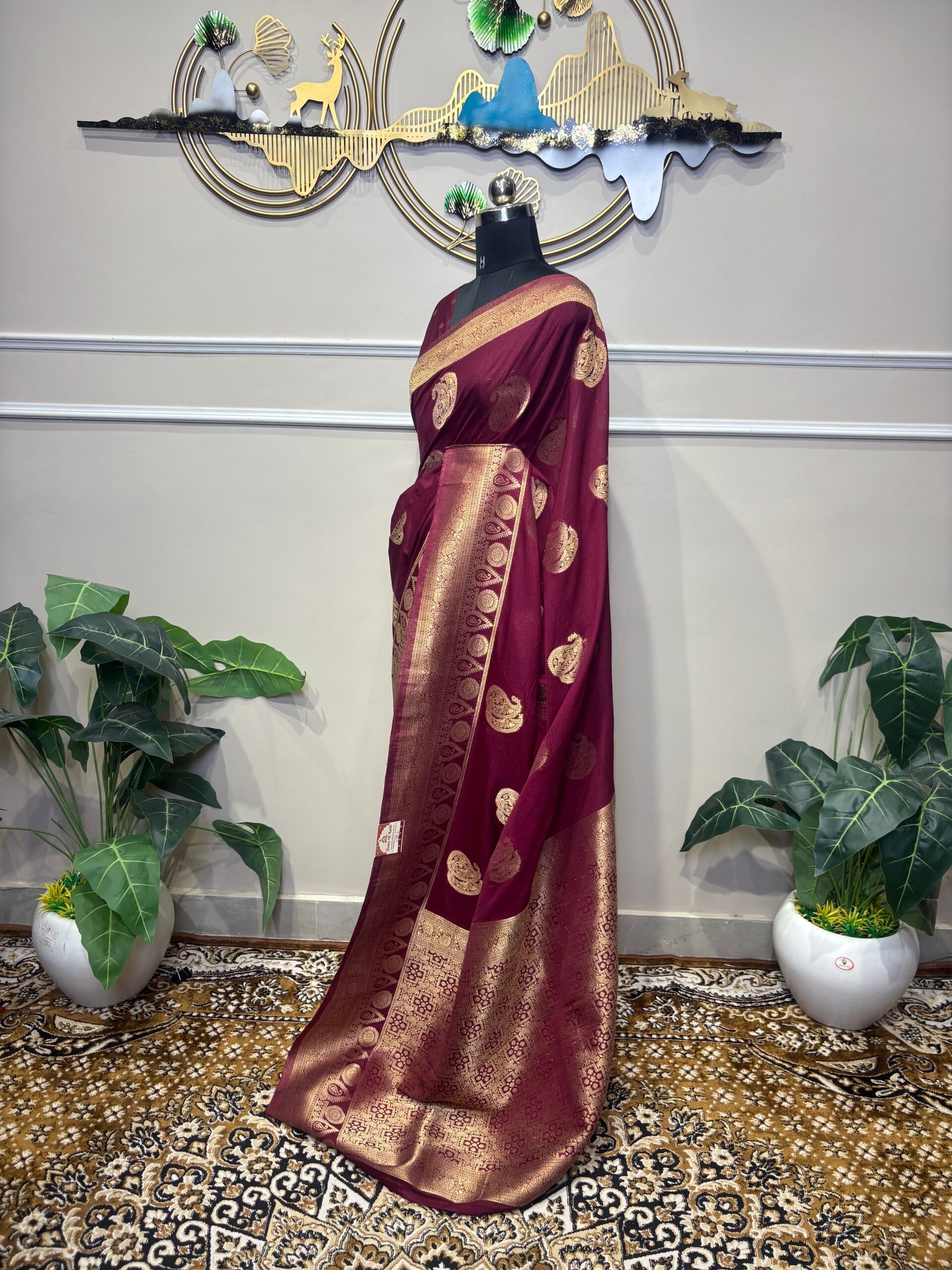 Wine Maroon Banarasi Silk Saree with Antique Gold Zari Paisley Motifs - Image 2