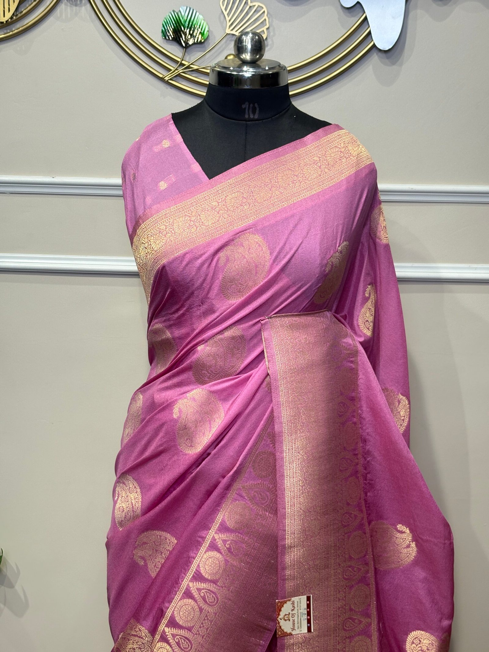 Rose Pink Banarasi Silk Saree with Golden Zari Paisley Motifs