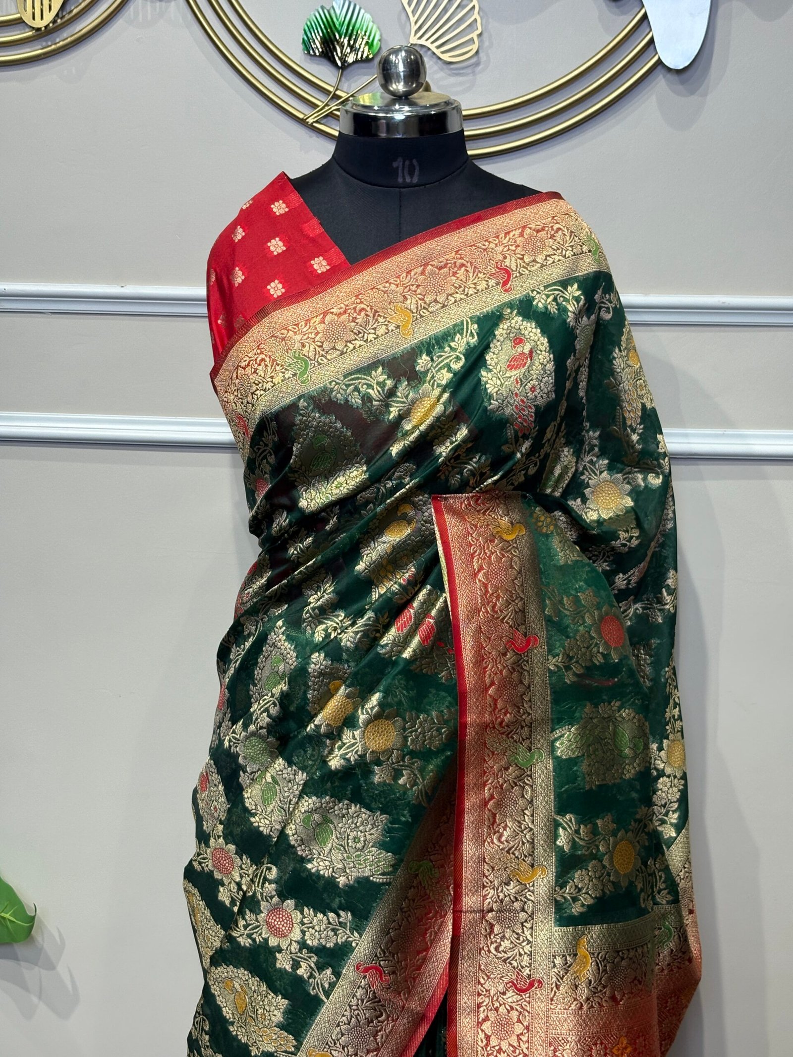 Royal Bottle Green & Crimson Red Banarasi Silk Saree with Meenakari Shikargah Jaal & Zari Border