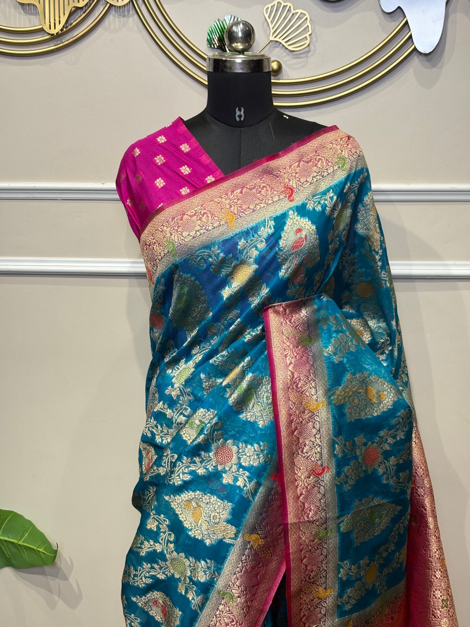 Royal Peacock Blue & Rani Pink Banarasi Silk Saree with Meenakari Shikargah Jaal & Zari Border