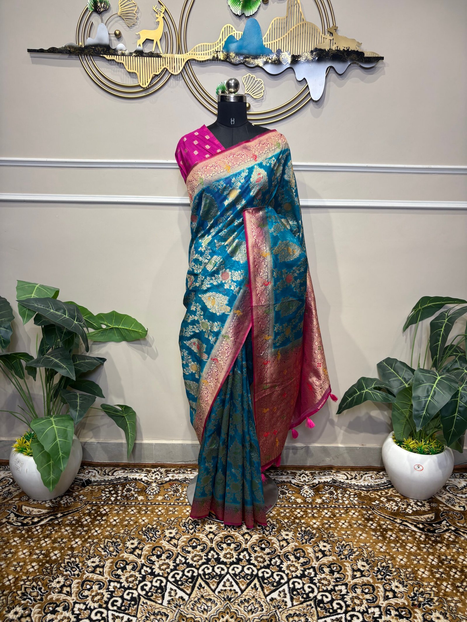 Royal Peacock Blue & Rani Pink Banarasi Silk Saree with Meenakari Shikargah Jaal & Zari Border - Image 3