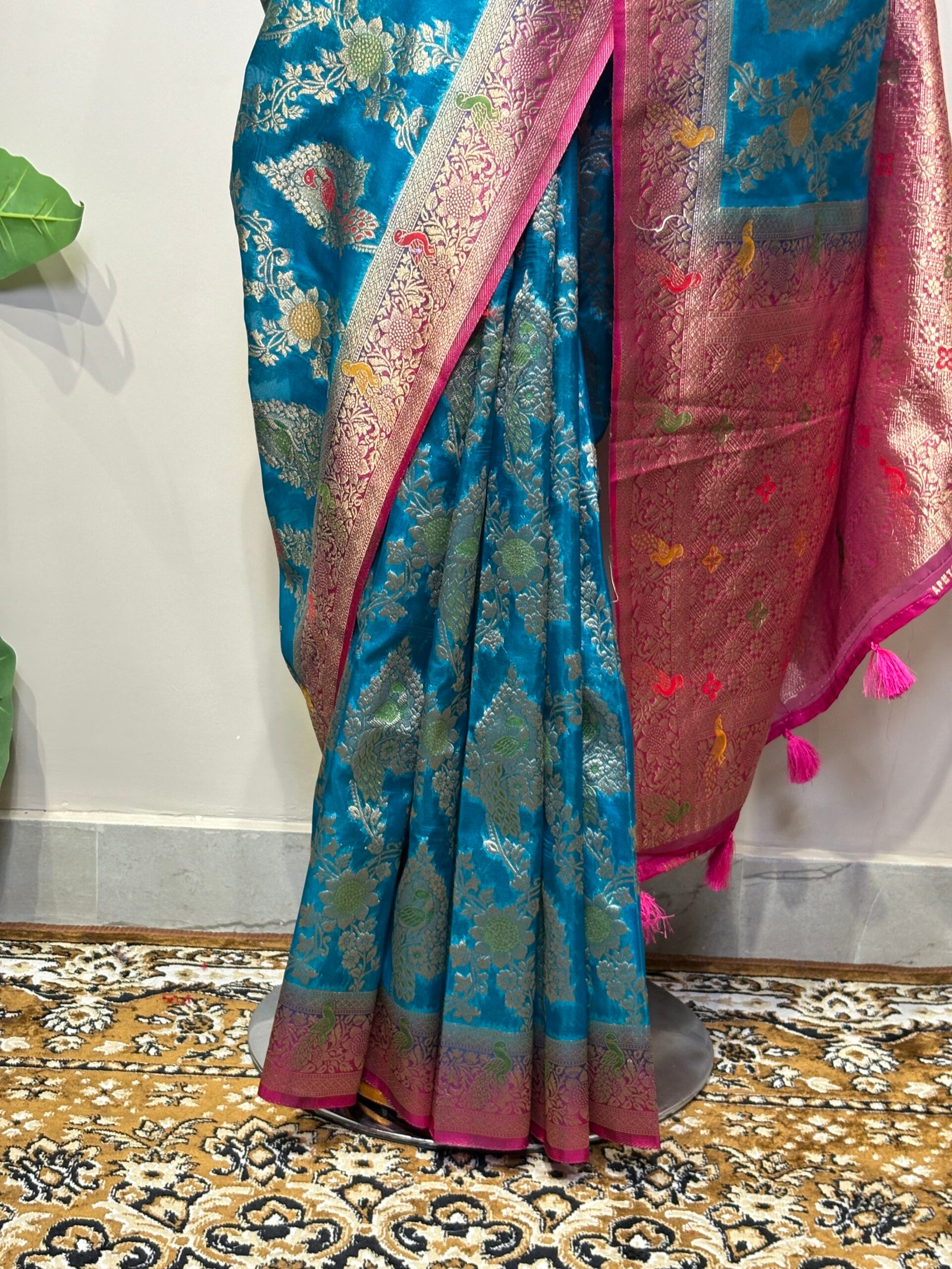 Royal Peacock Blue & Rani Pink Banarasi Silk Saree with Meenakari Shikargah Jaal & Zari Border - Image 7