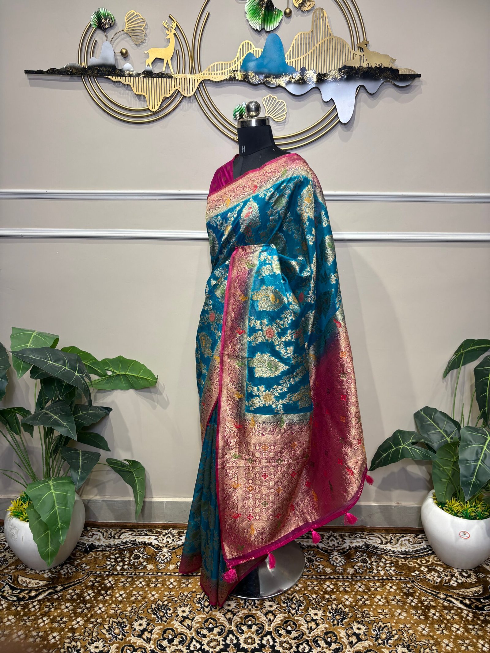 Royal Peacock Blue & Rani Pink Banarasi Silk Saree with Meenakari Shikargah Jaal & Zari Border - Image 6