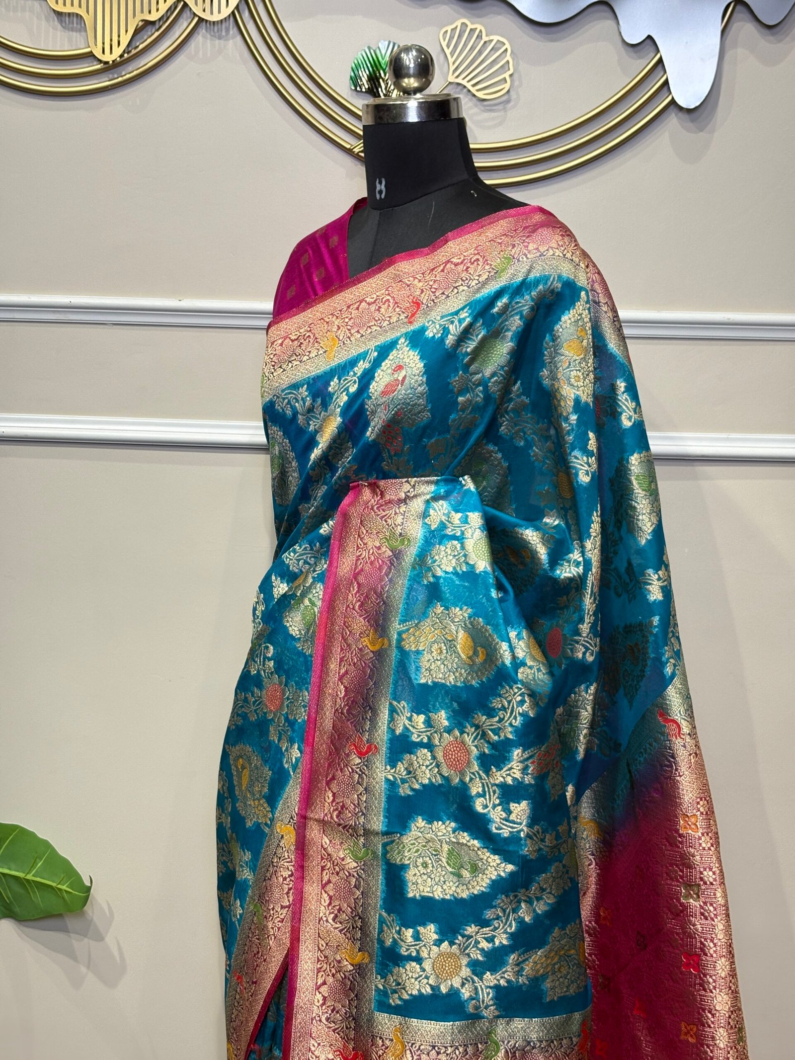 Royal Peacock Blue & Rani Pink Banarasi Silk Saree with Meenakari Shikargah Jaal & Zari Border - Image 4
