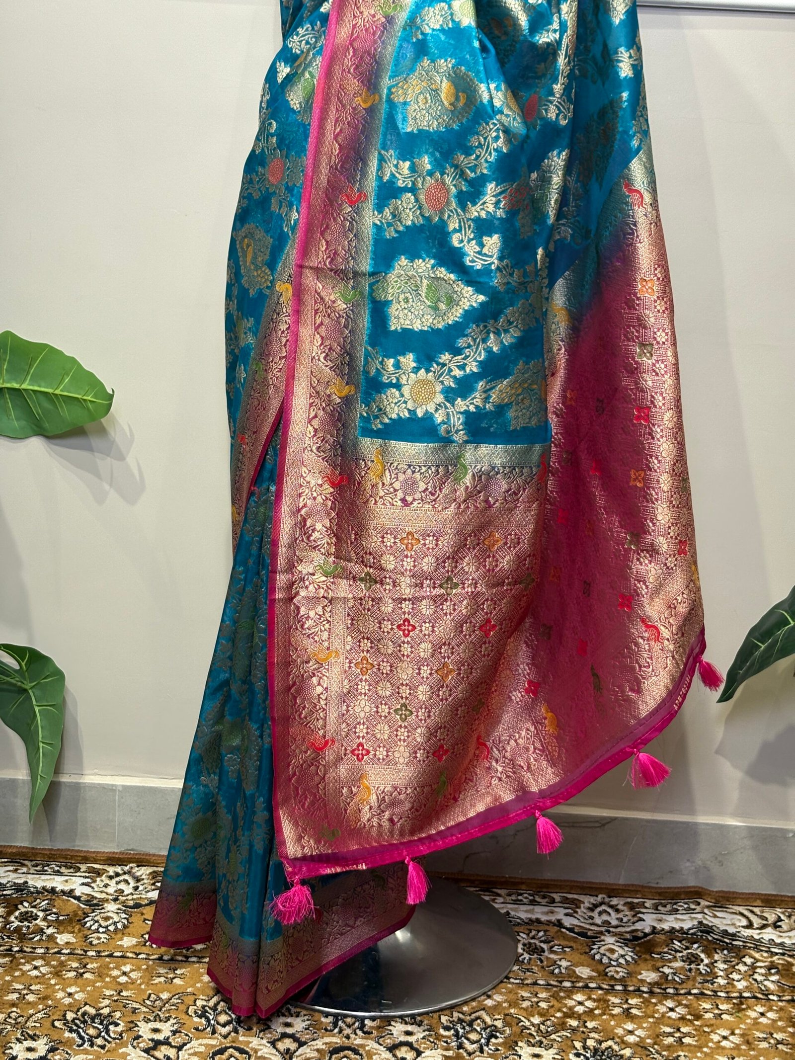 Royal Peacock Blue & Rani Pink Banarasi Silk Saree with Meenakari Shikargah Jaal & Zari Border - Image 5