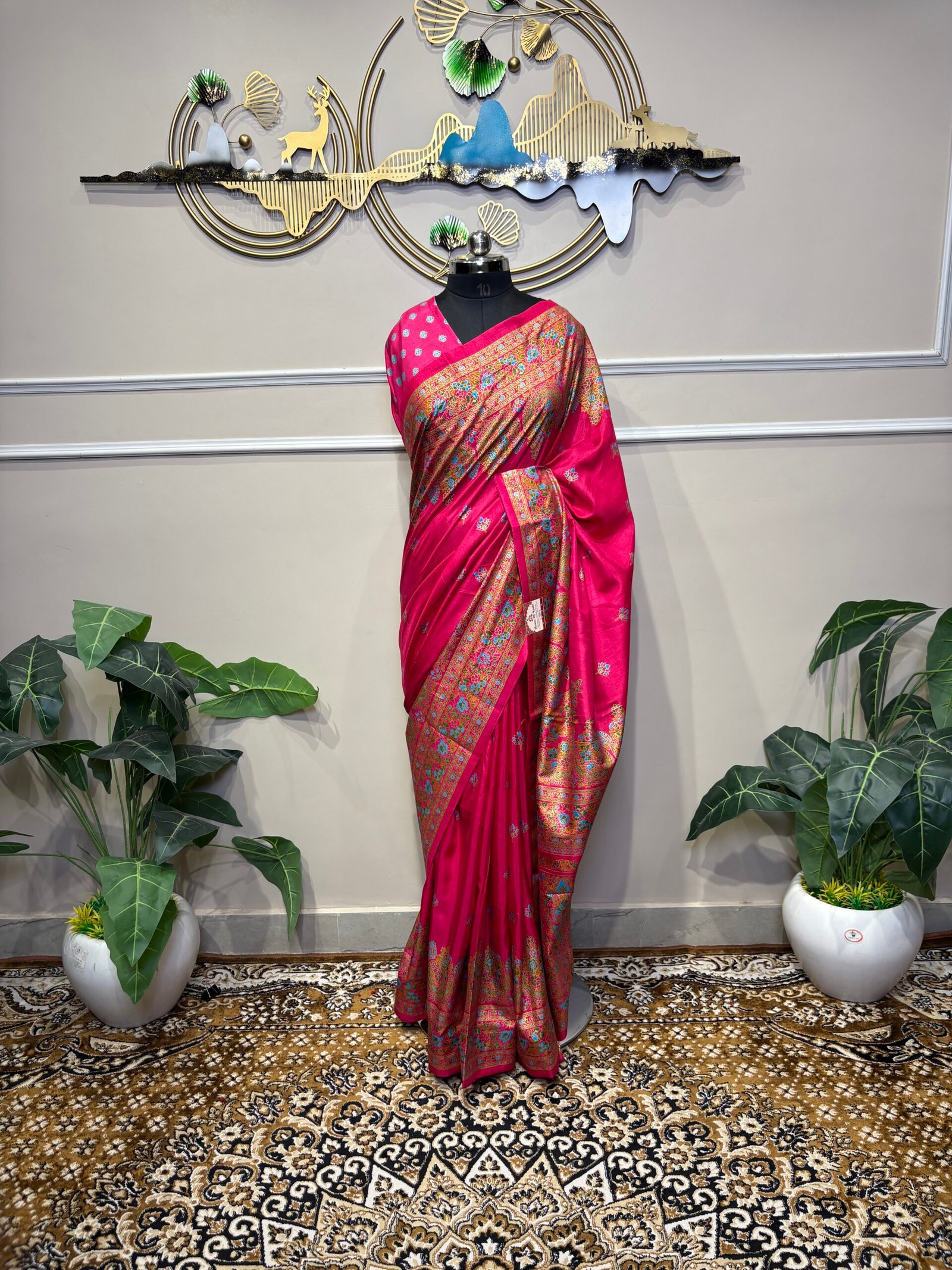 Rani Pink Banarasi Silk Saree with Multi-Color Meenakari Weave & Zari Border - Image 2