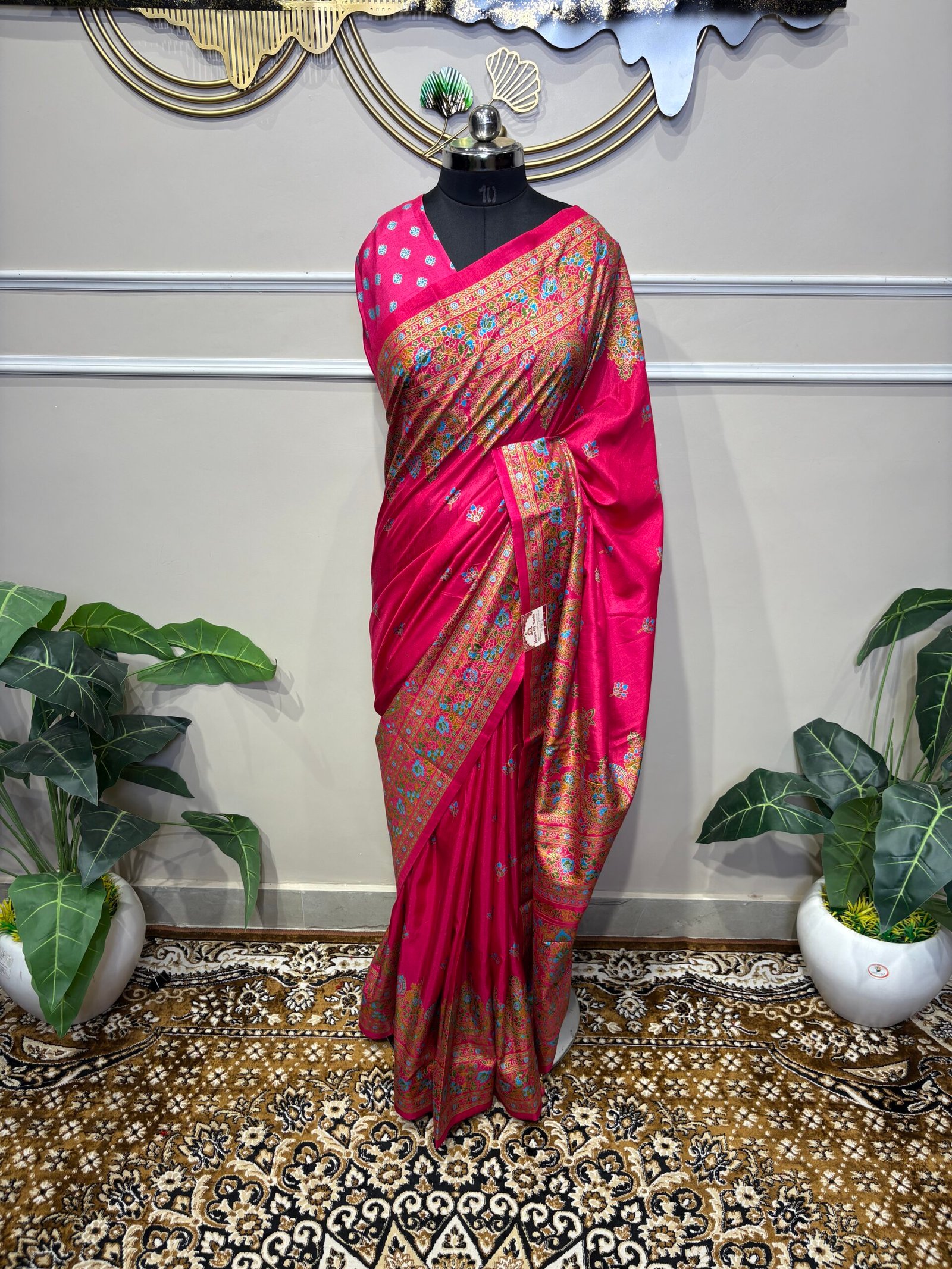 Rani Pink Banarasi Silk Saree with Multi-Color Meenakari Weave & Zari Border - Image 7