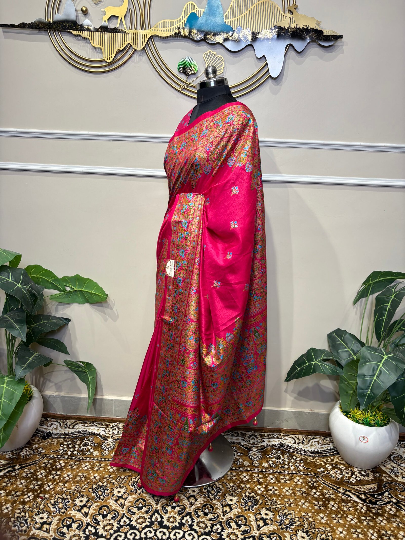 Rani Pink Banarasi Silk Saree with Multi-Color Meenakari Weave & Zari Border - Image 4