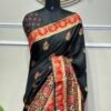Royal Jet Black Banarasi Silk Saree with Crimson Red Meenakari Border & Floral Butis