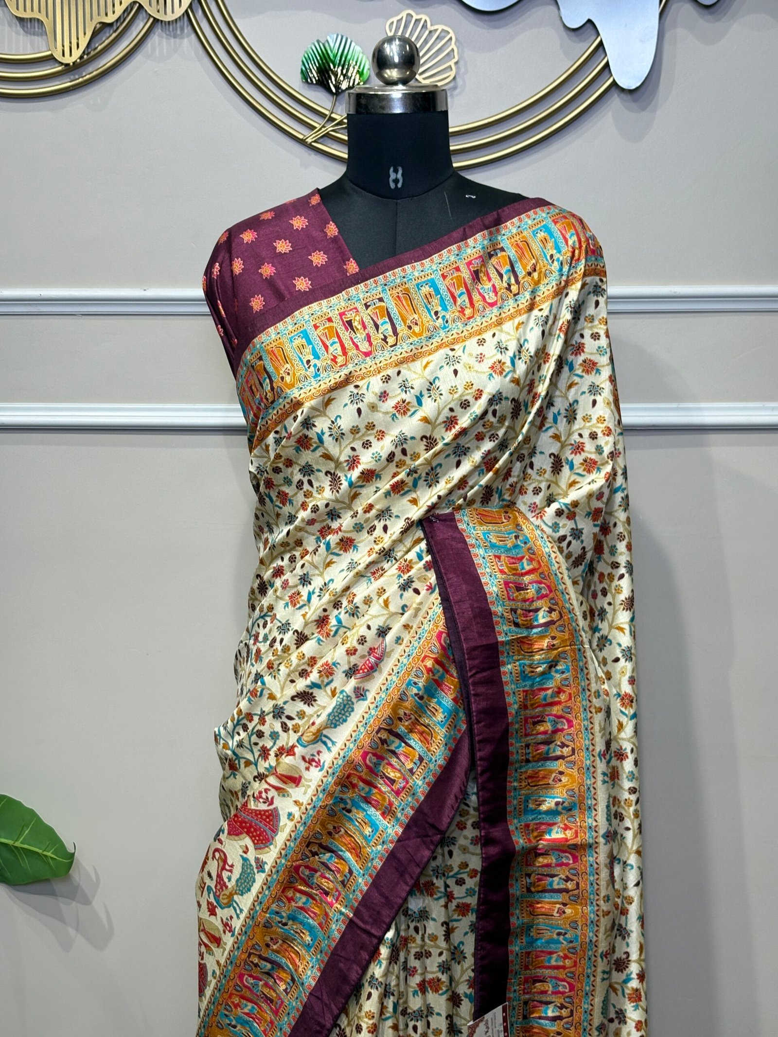 Ivory & Wine Banarasi Silk Saree with Multi-Color Shikargah Weave & Procession Border - Image 2