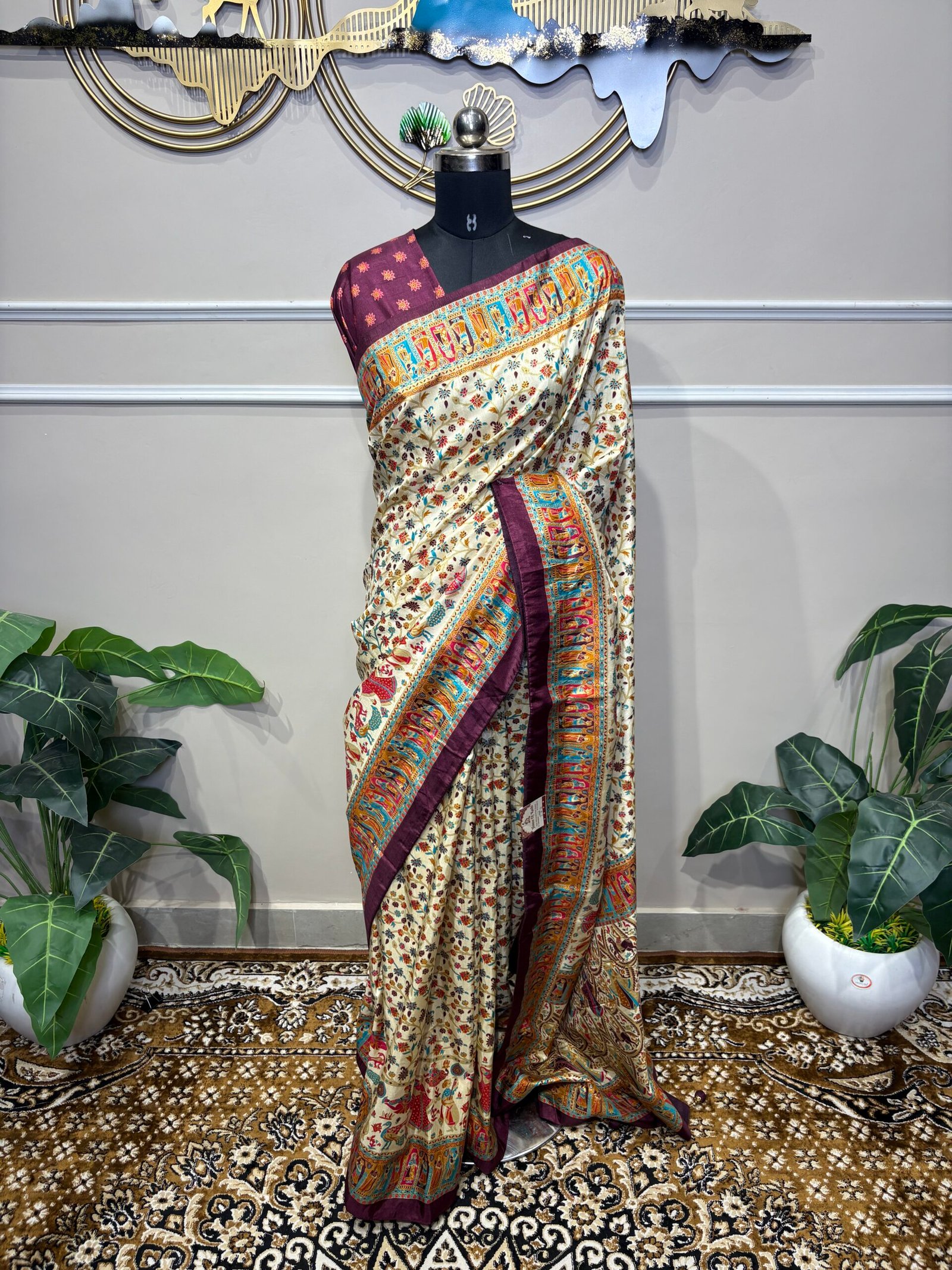 Ivory & Wine Banarasi Silk Saree with Multi-Color Shikargah Weave & Procession Border - Image 3