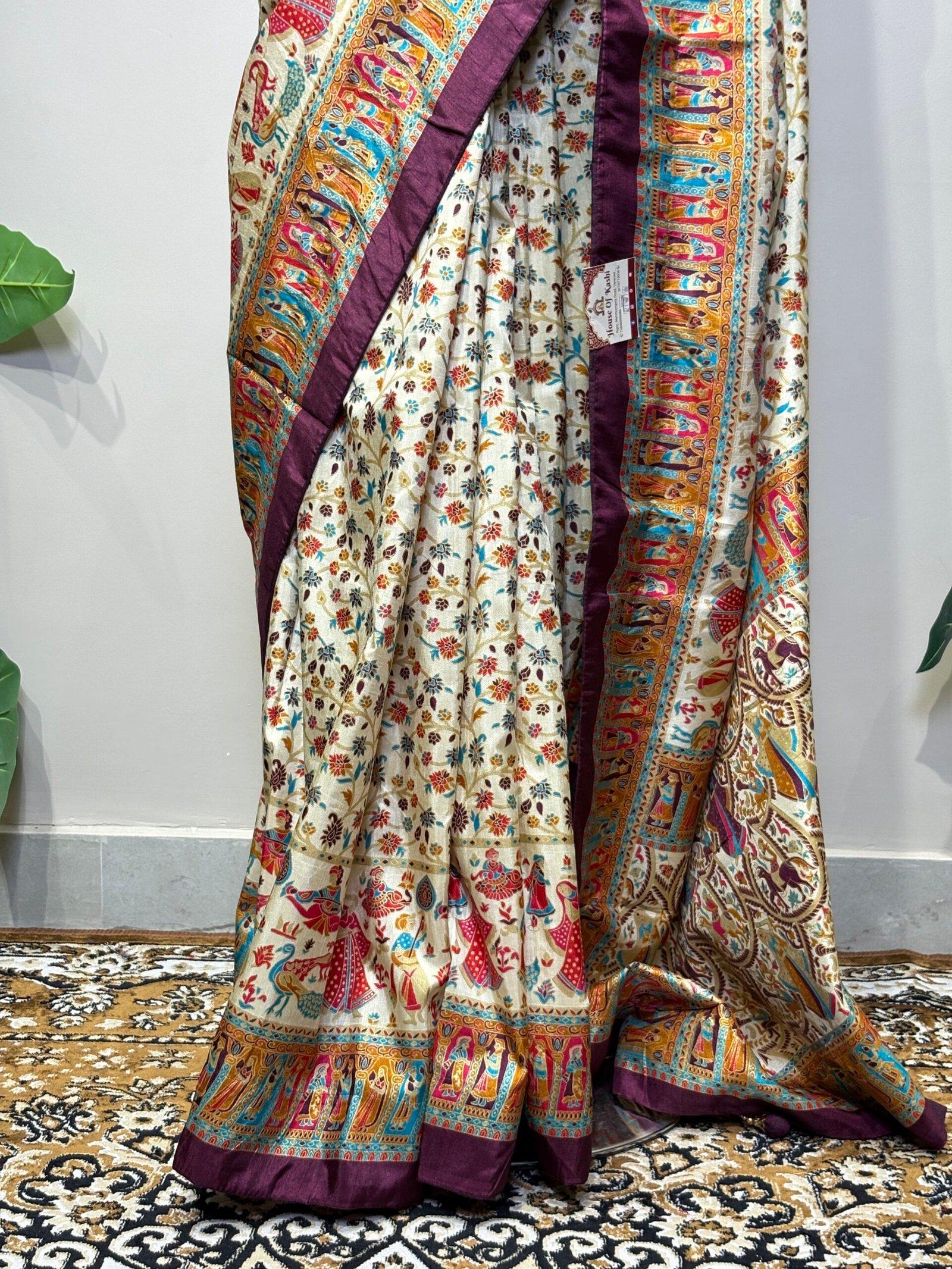 Ivory & Wine Banarasi Silk Saree with Multi-Color Shikargah Weave & Procession Border - Image 5