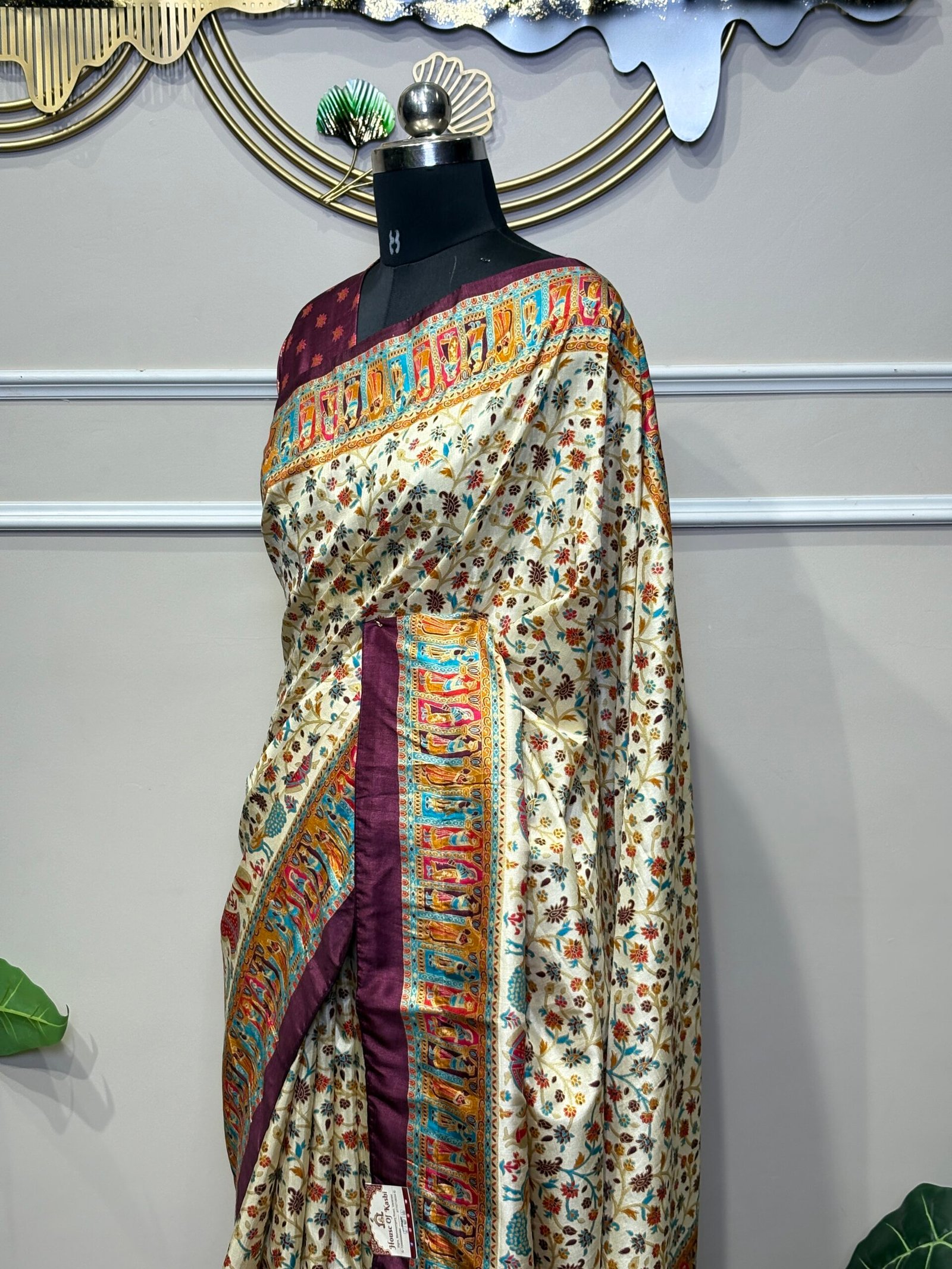 Ivory & Wine Banarasi Silk Saree with Multi-Color Shikargah Weave & Procession Border - Image 4