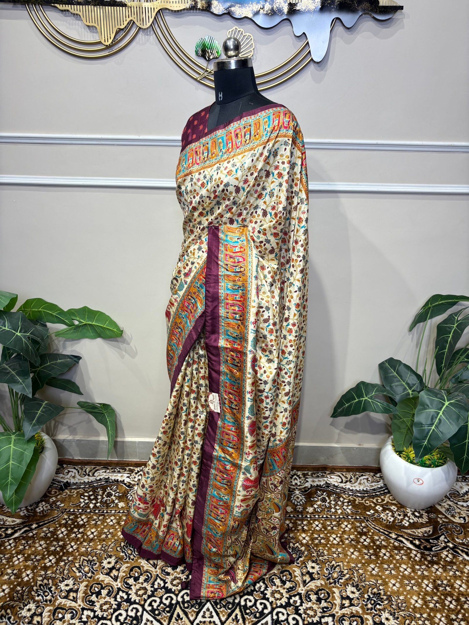 Ivory & Wine Banarasi Silk Saree with Multi-Color Shikargah Weave & Procession Border - Image 6