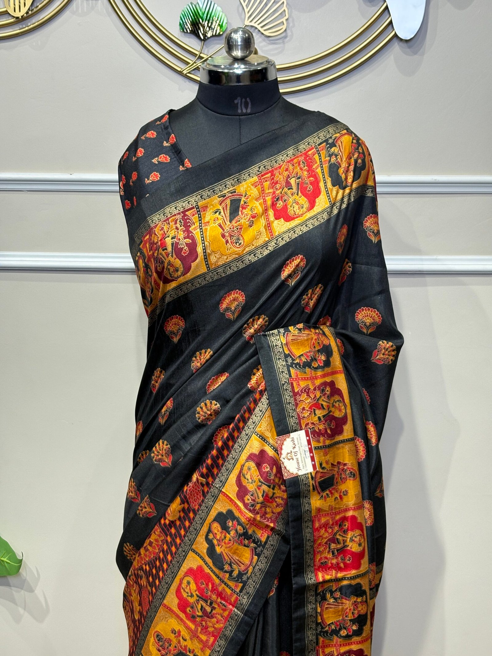 Heritage Jet Black Banarasi Silk Saree with Mustard & Crimson Royal Procession Border - Image 2