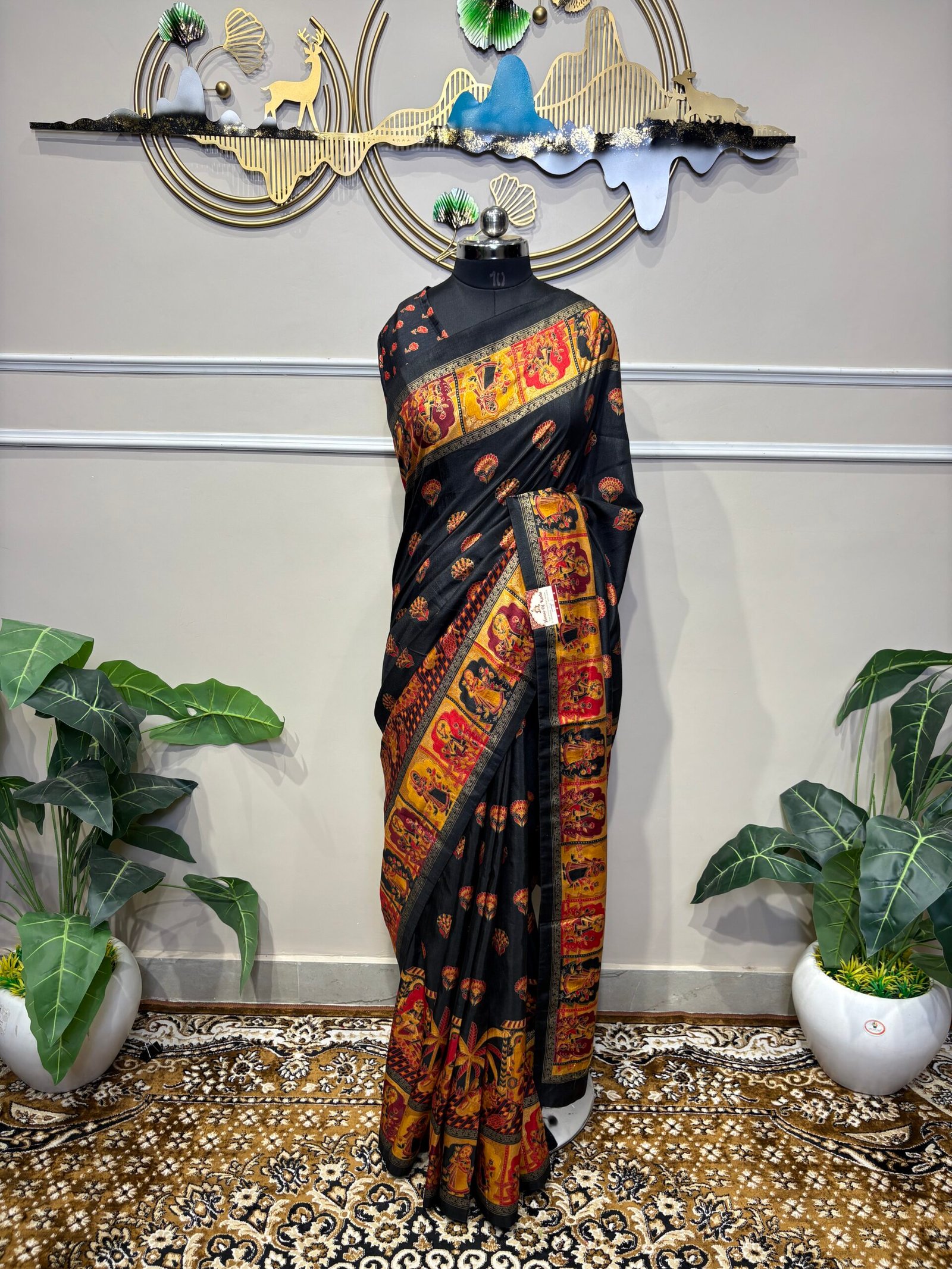 Heritage Jet Black Banarasi Silk Saree with Mustard & Crimson Royal Procession Border - Image 3