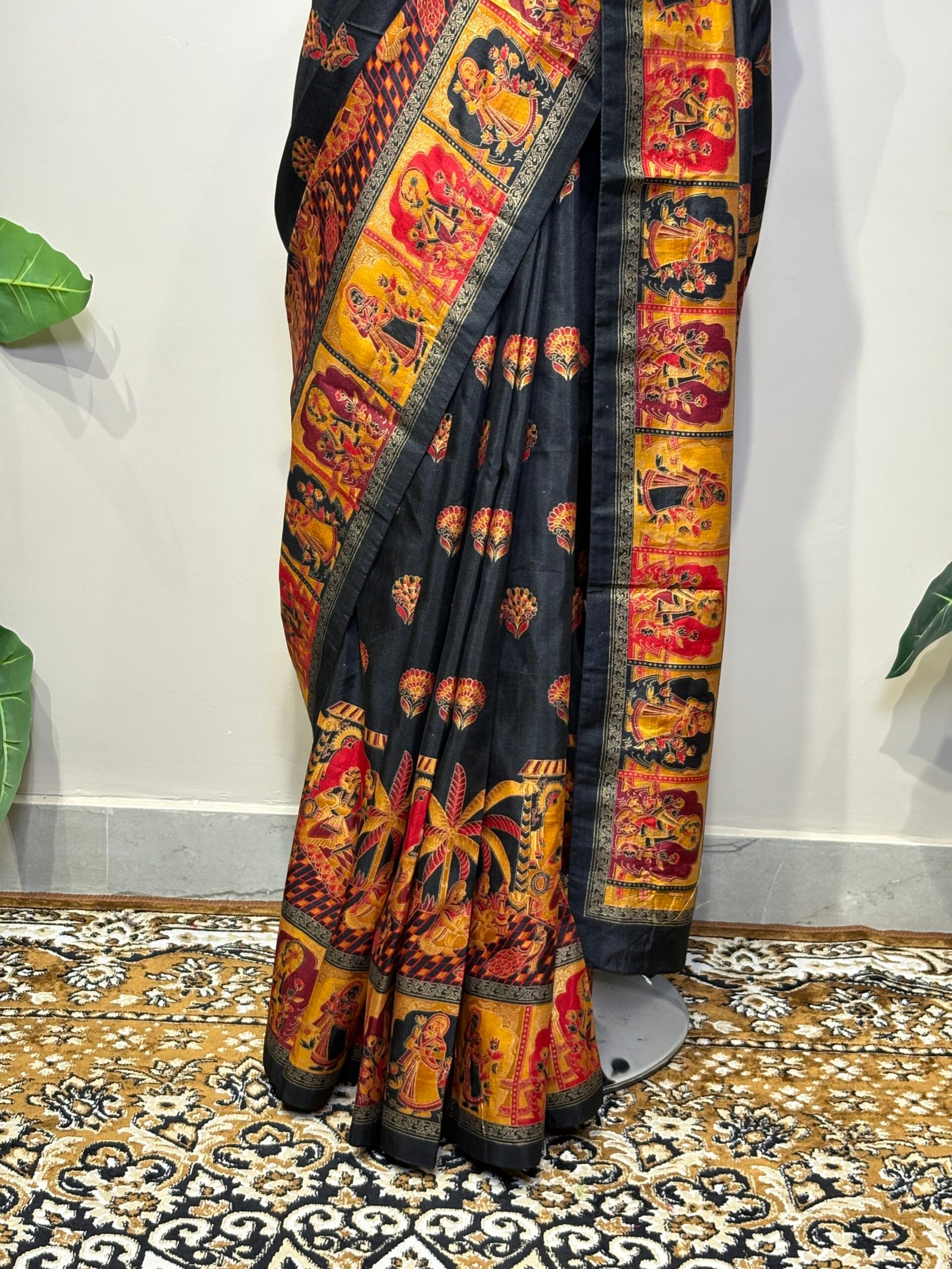 Heritage Jet Black Banarasi Silk Saree with Mustard & Crimson Royal Procession Border - Image 5