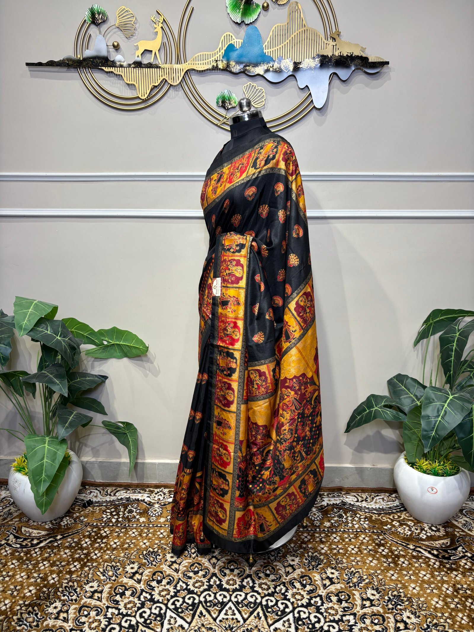 Heritage Jet Black Banarasi Silk Saree with Mustard & Crimson Royal Procession Border - Image 4