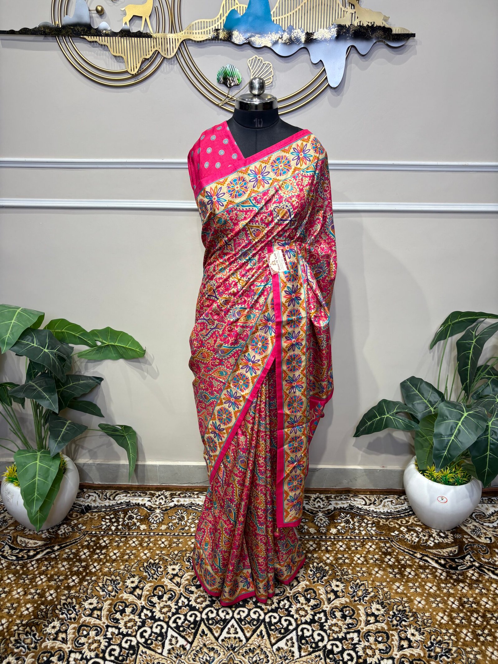 Rani Pink Banarasi Silk Jamawar Saree with Multi-Color Jaal & Rosette Border - Image 2