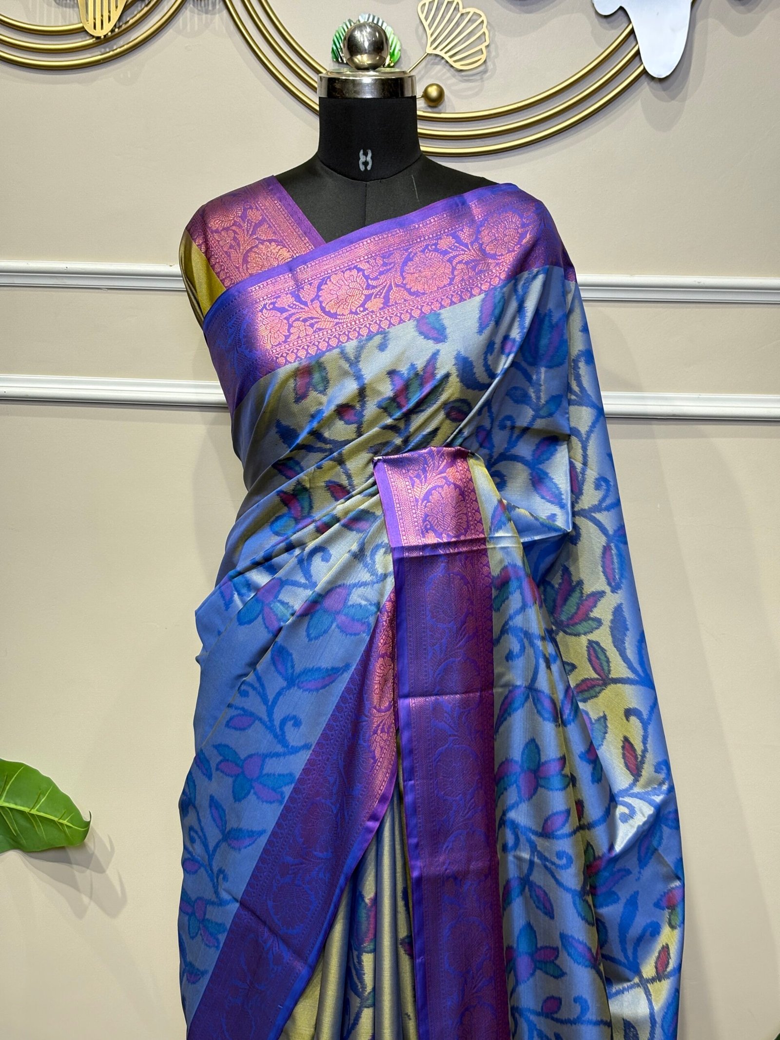 Dual-Tone Periwinkle Blue & Gold Silk Saree with Floral Jaal & Royal Violet Zari Border - Image 2