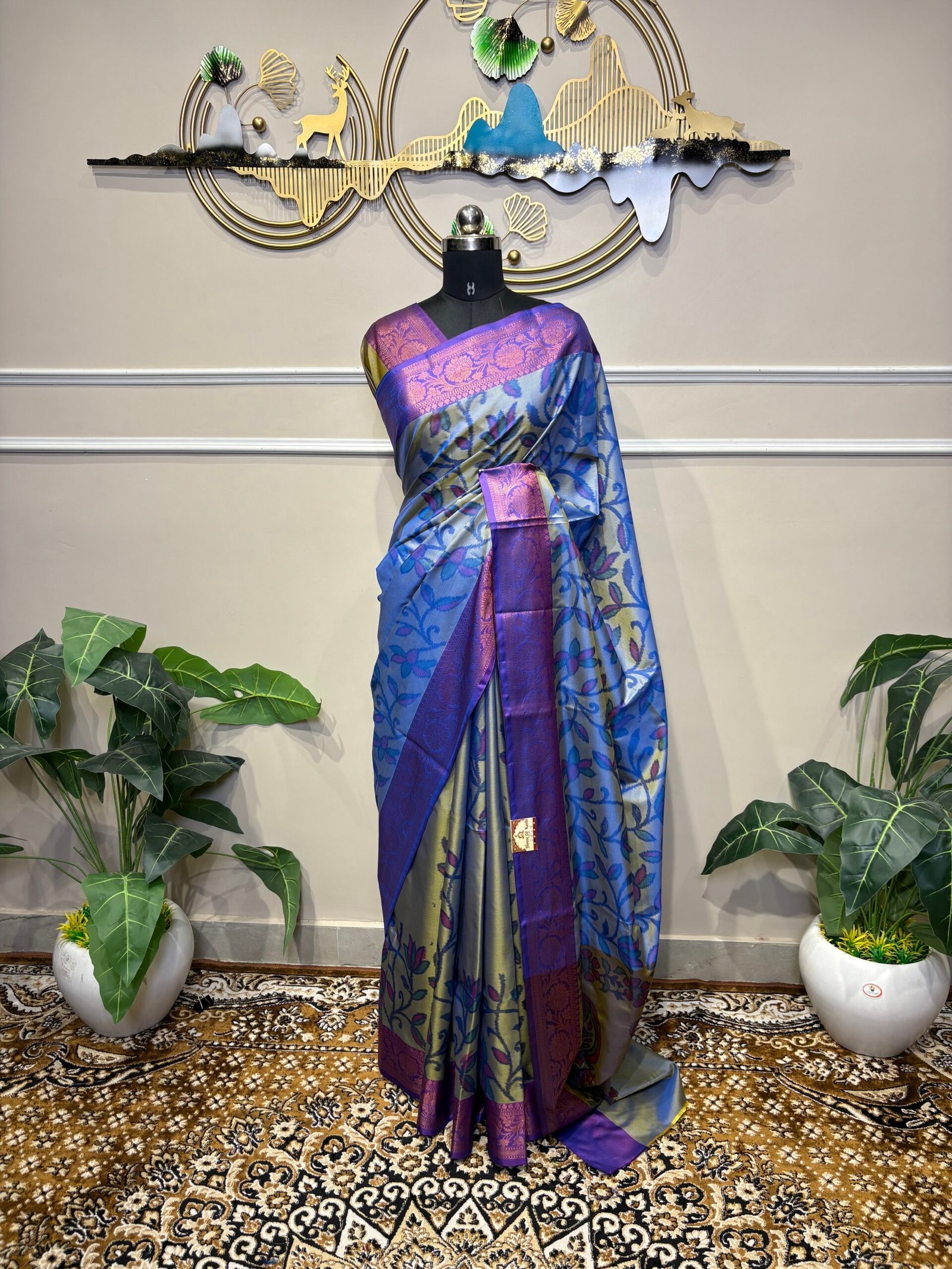 Dual-Tone Periwinkle Blue & Gold Silk Saree with Floral Jaal & Royal Violet Zari Border - Image 3
