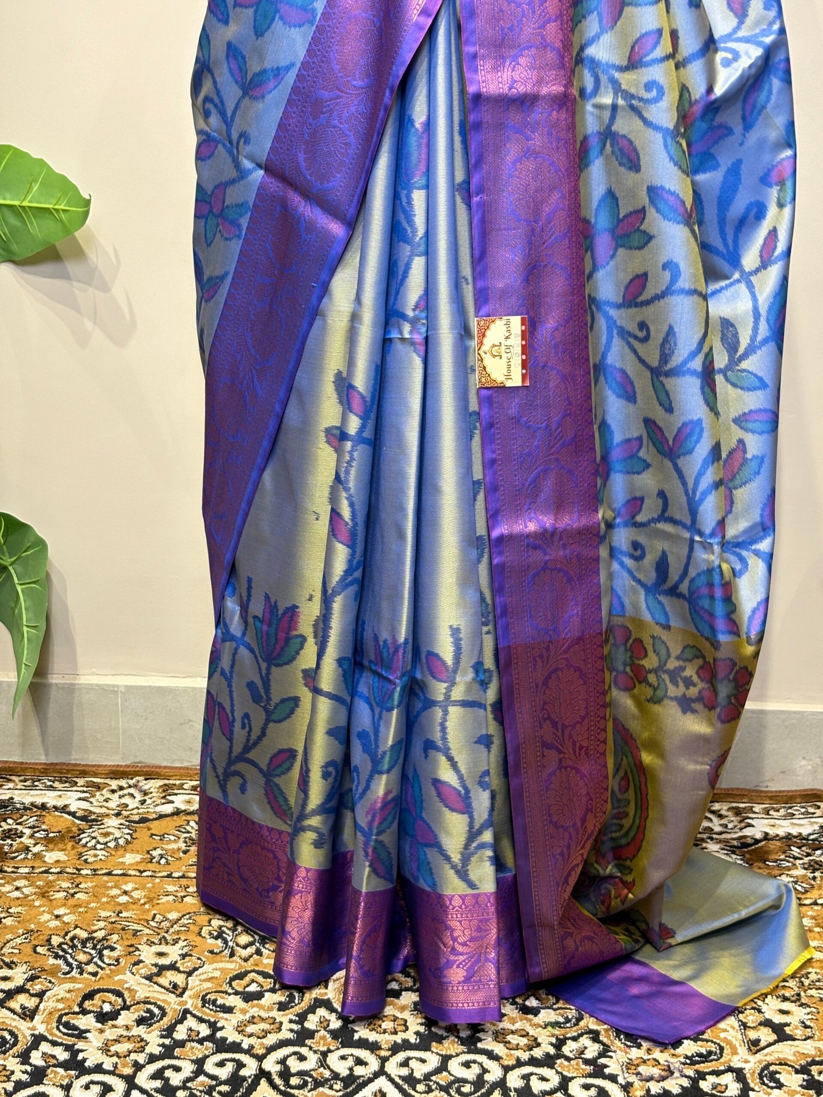 Dual-Tone Periwinkle Blue & Gold Silk Saree with Floral Jaal & Royal Violet Zari Border - Image 4