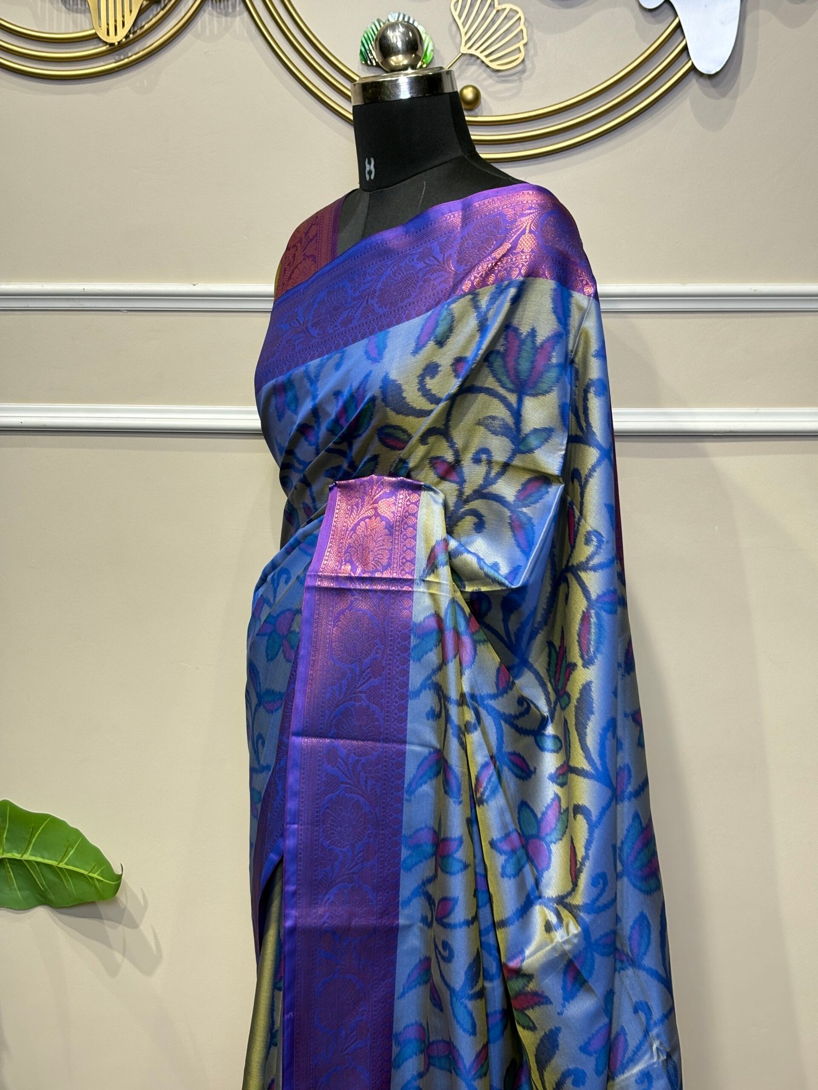 Dual-Tone Periwinkle Blue & Gold Silk Saree with Floral Jaal & Royal Violet Zari Border - Image 5