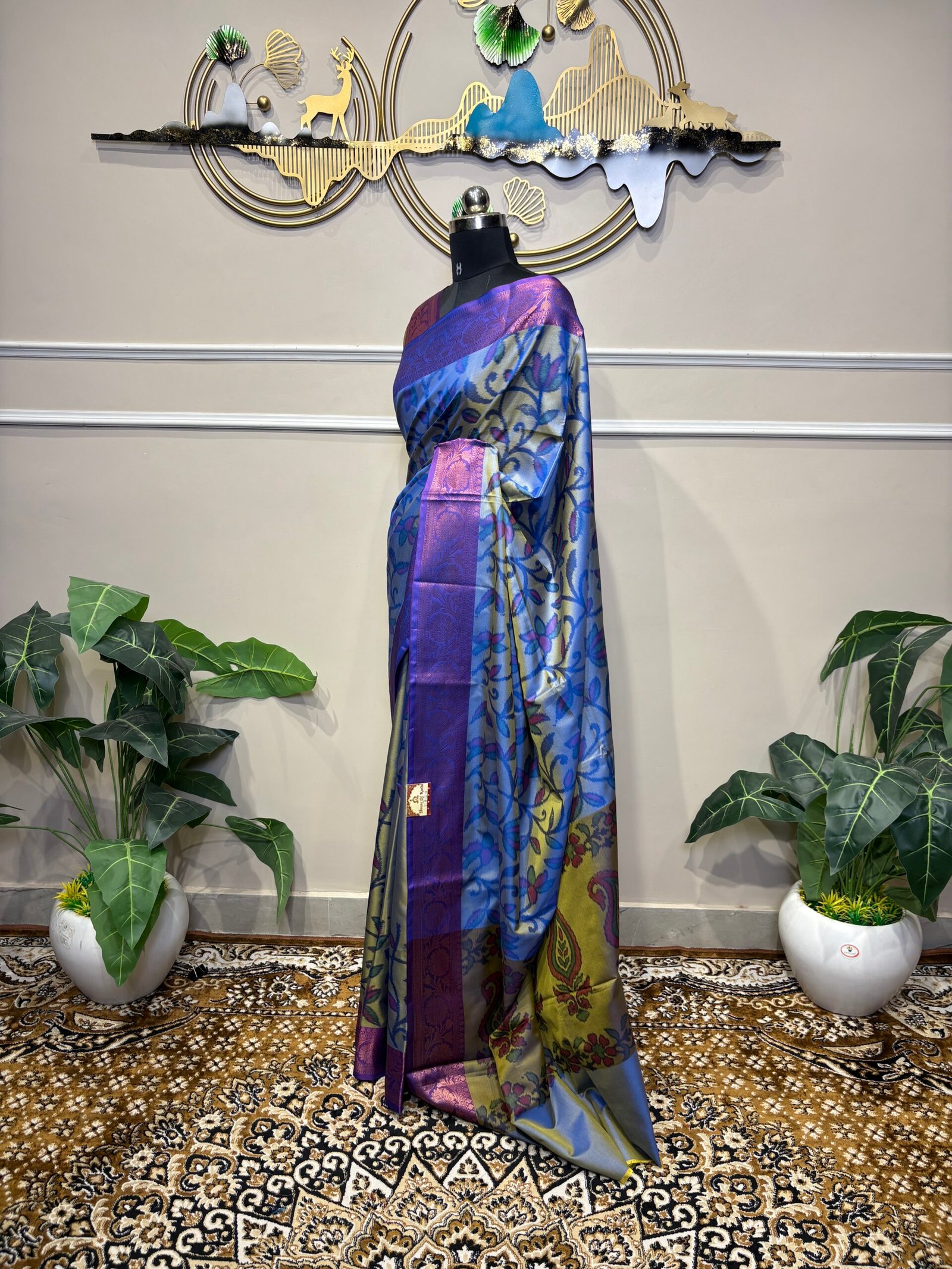 Dual-Tone Periwinkle Blue & Gold Silk Saree with Floral Jaal & Royal Violet Zari Border - Image 6