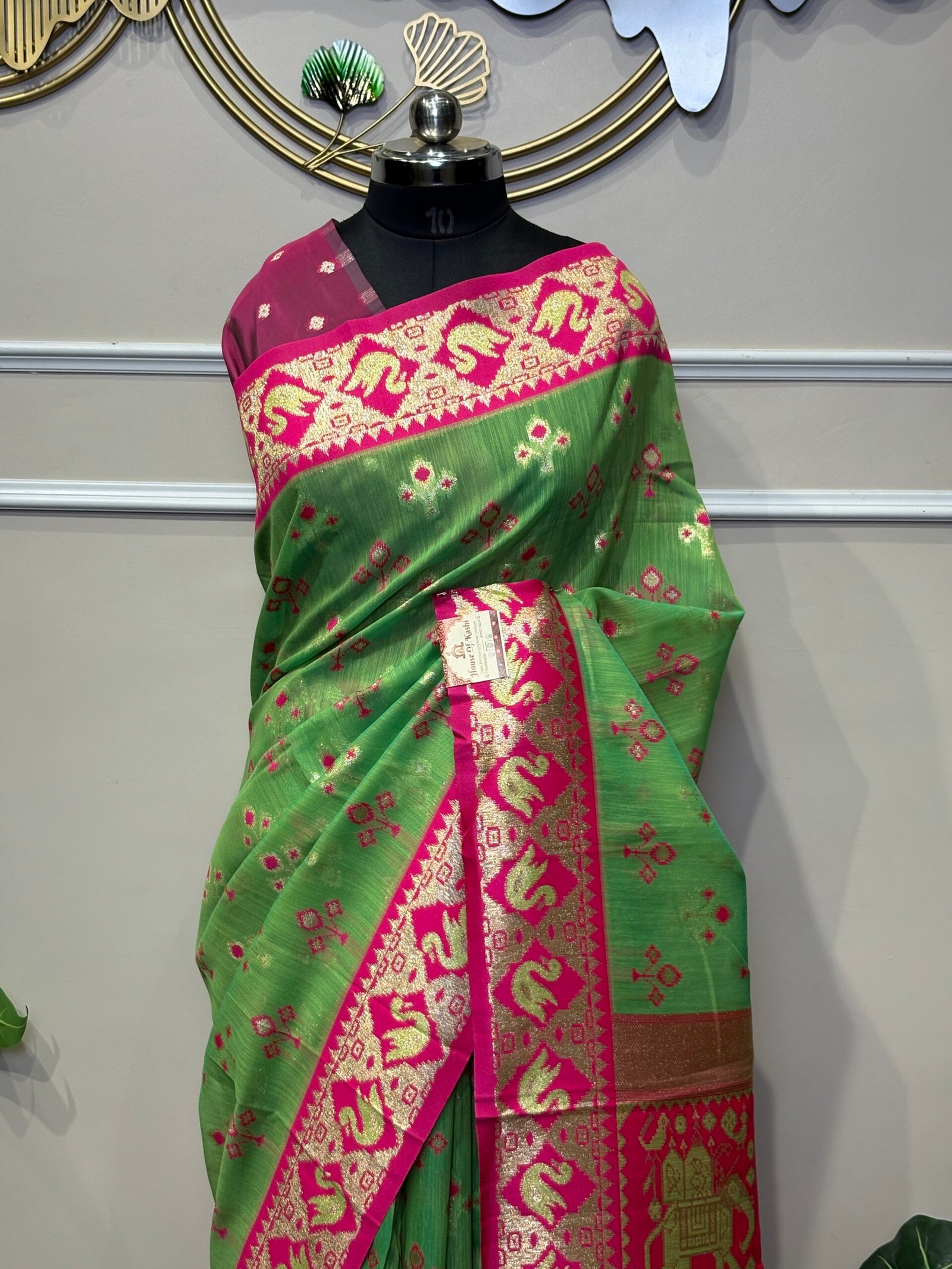 Parrot Green & Rani Pink Banarasi Silk Saree with Hamsa & Elephant Motif Zari Border