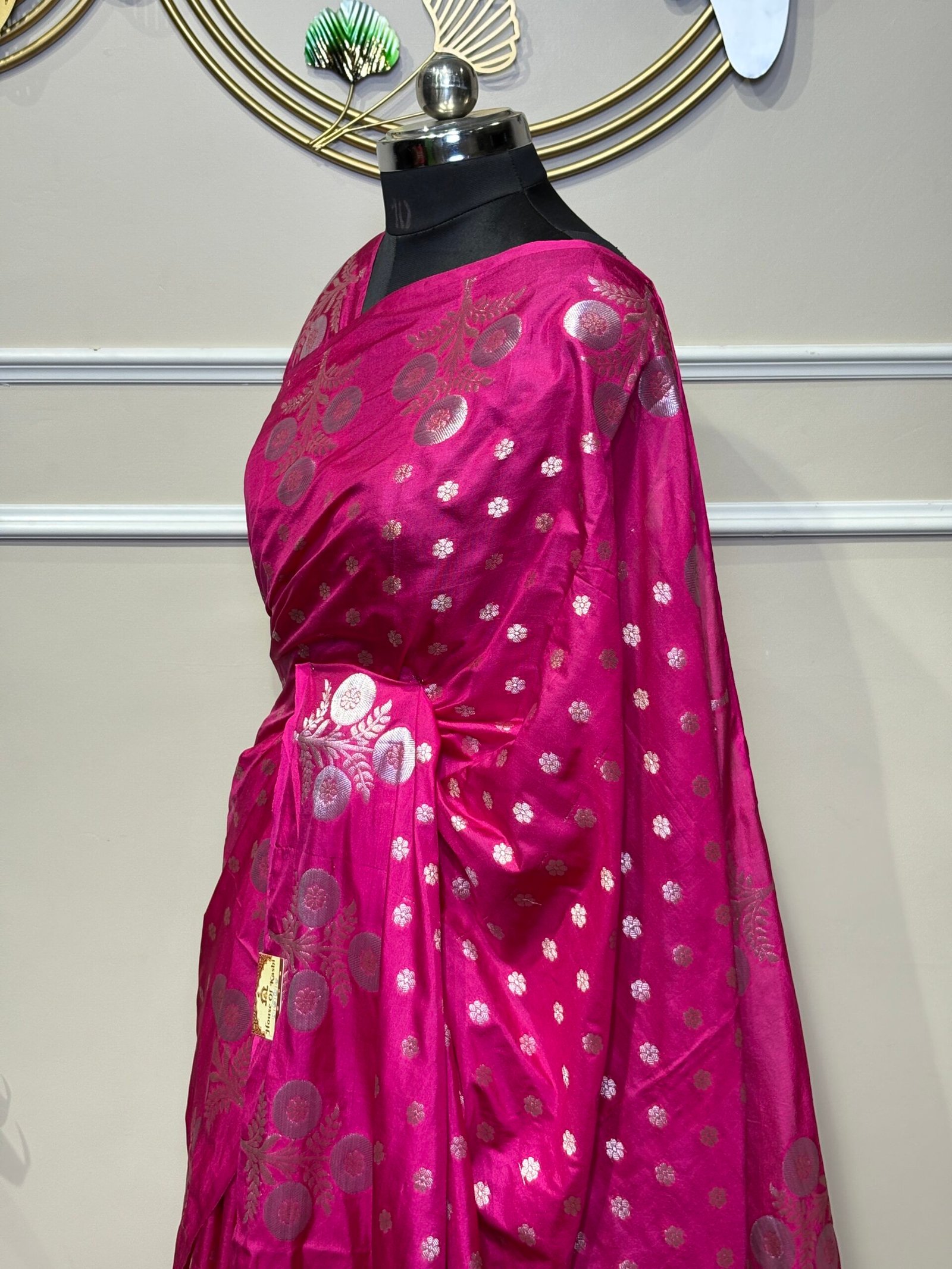Rani Pink Banarasi Soft Silk Saree with Silver Zari Mughal Floral Motifs - Image 2