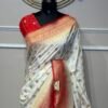 Ivory & Crimson Red Banarasi Silk Saree with Sona-Rupa Floral Butis & Zari Brocade
