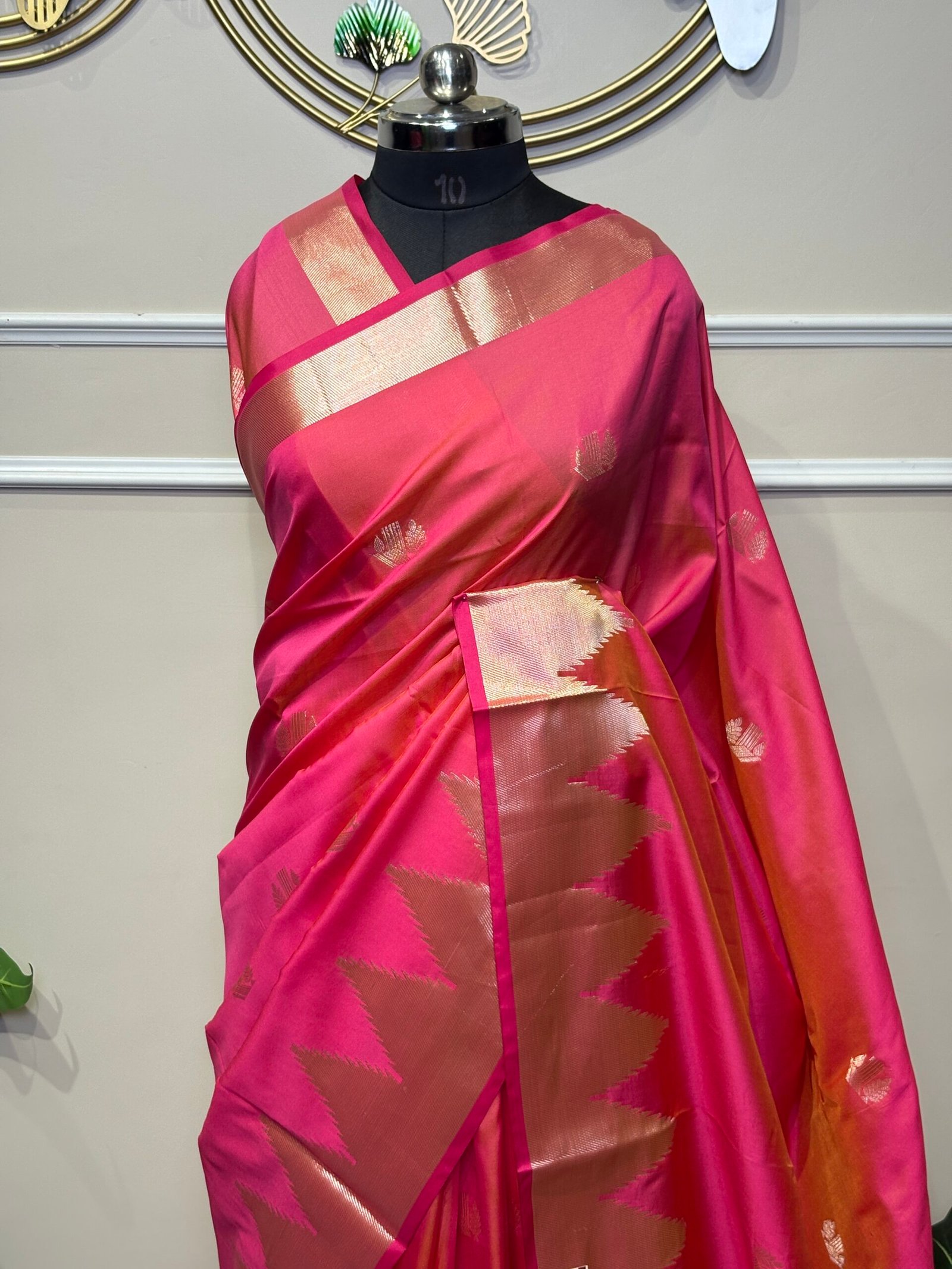 Dual-Tone Rani Pink & Peach Soft Silk Saree with Temple Korvai Zari Border