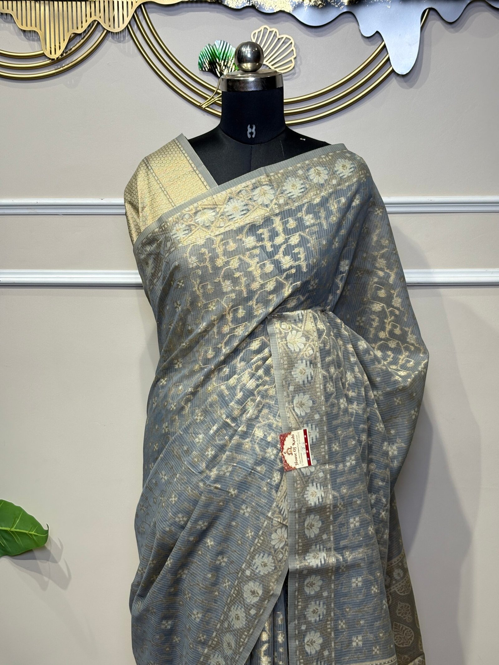 Elegant Grey-Blue Woven Saree with Antique Gold Floral Motifs