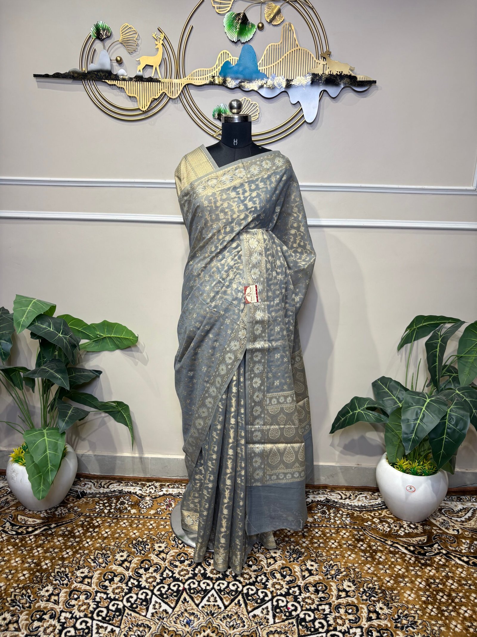 Elegant Grey-Blue Woven Saree with Antique Gold Floral Motifs - Image 7