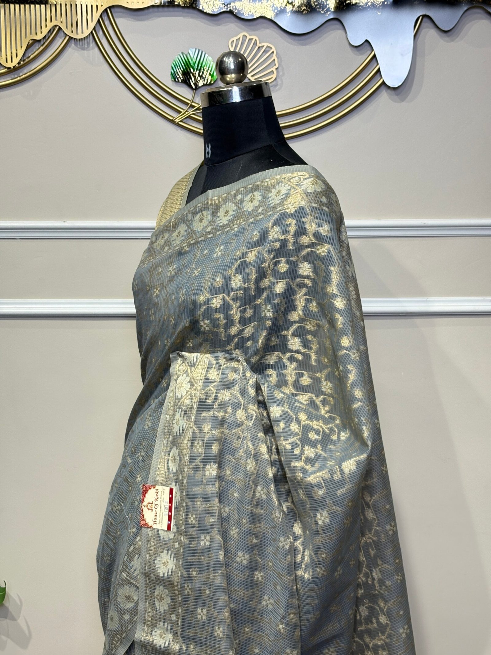 Elegant Grey-Blue Woven Saree with Antique Gold Floral Motifs - Image 4