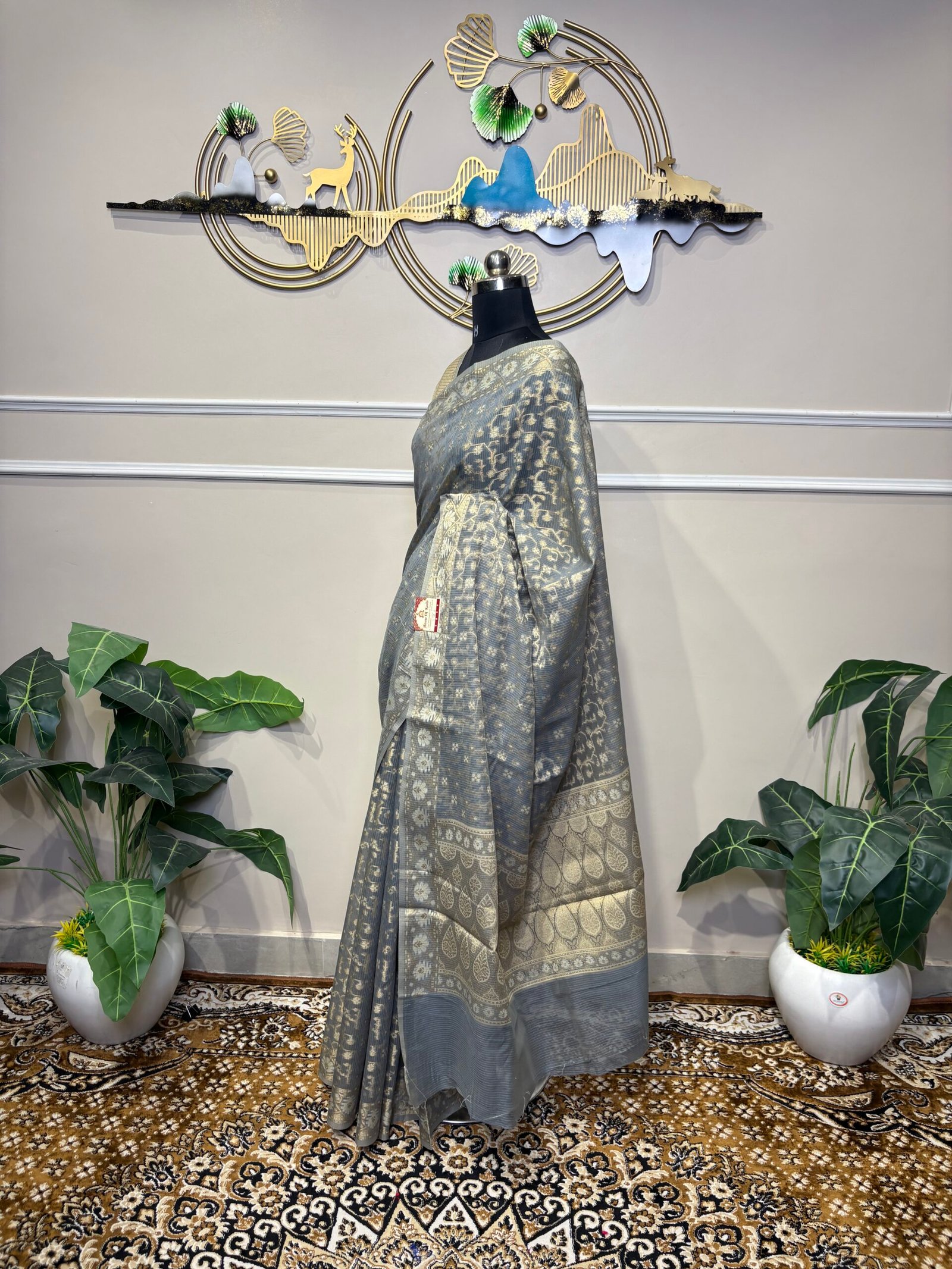 Elegant Grey-Blue Woven Saree with Antique Gold Floral Motifs - Image 3