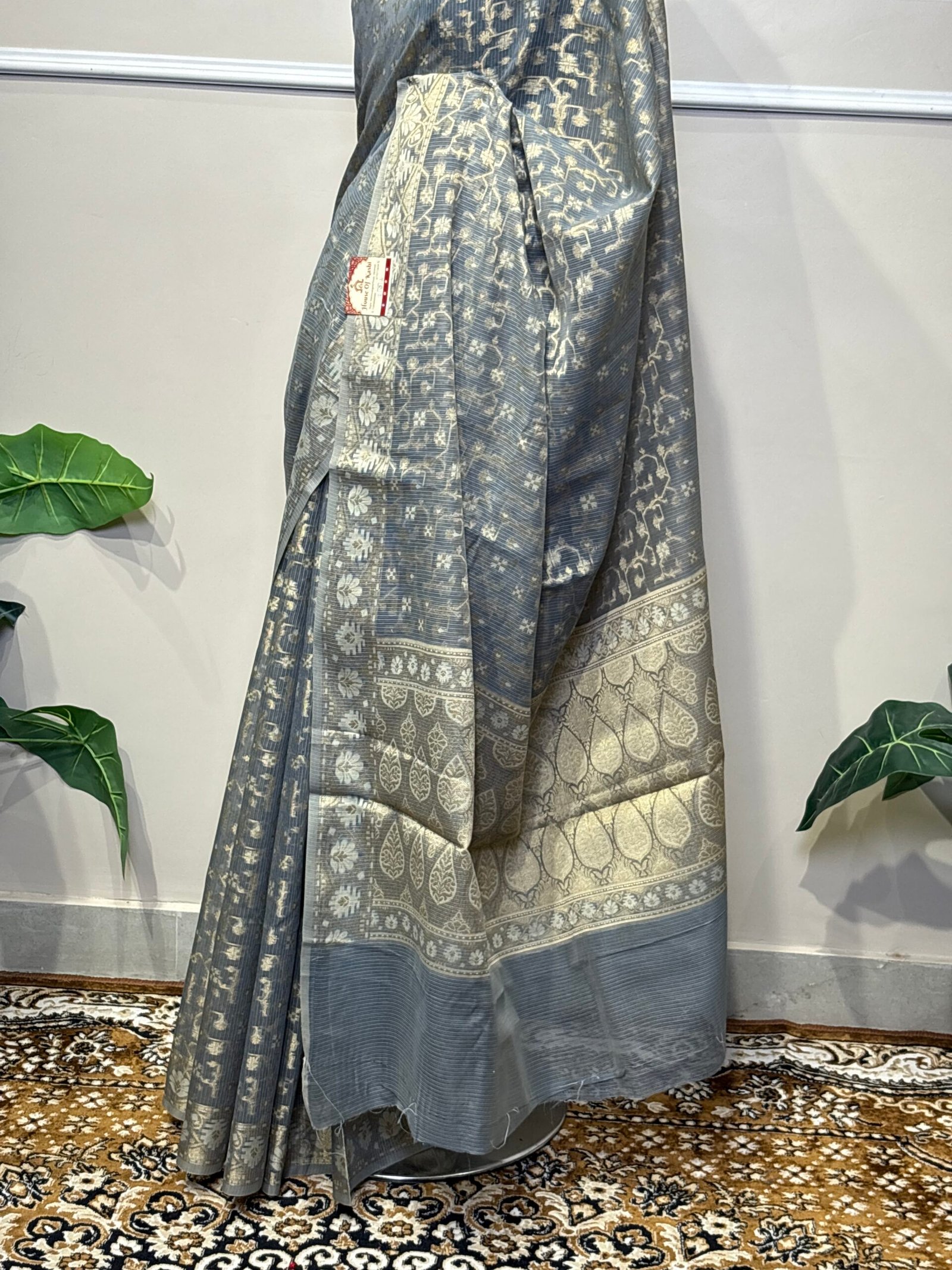 Elegant Grey-Blue Woven Saree with Antique Gold Floral Motifs - Image 6