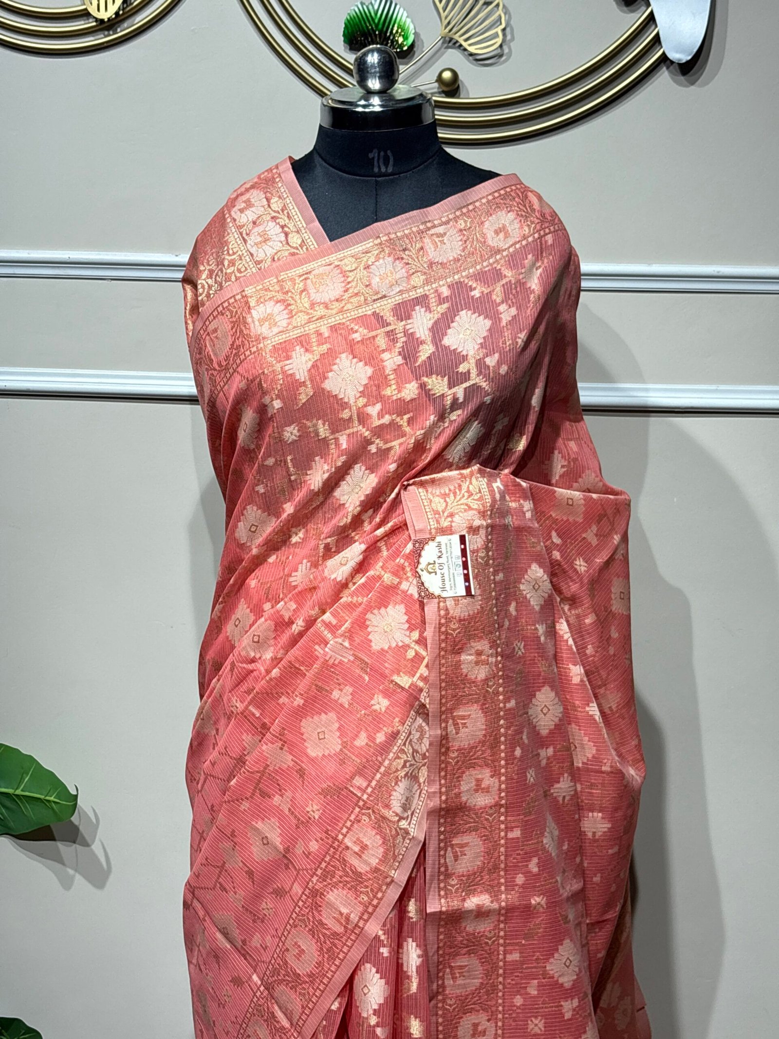 Peachy-rose pink Banarasi-style saree