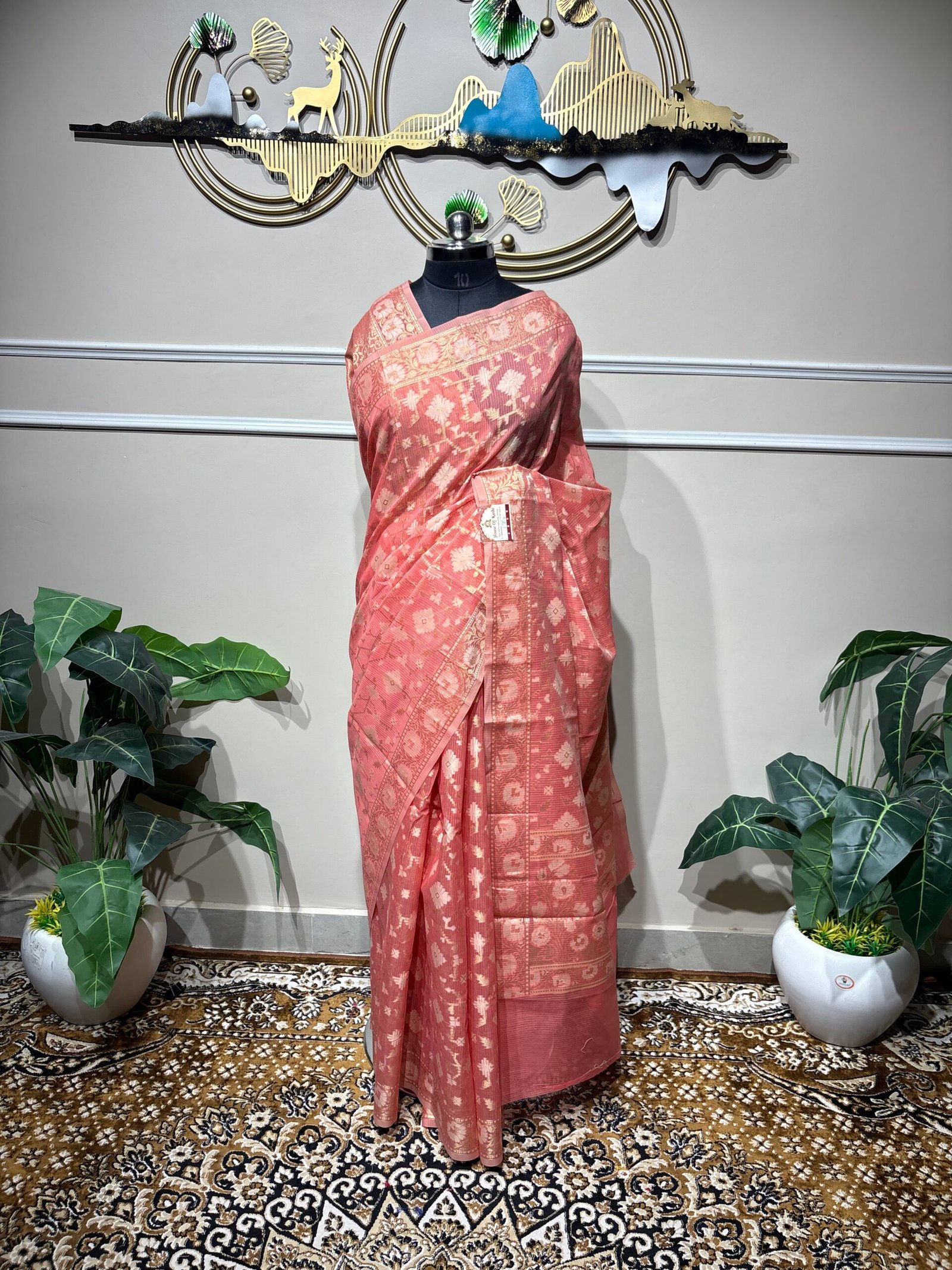 Peachy-rose pink Banarasi-style saree - Image 2