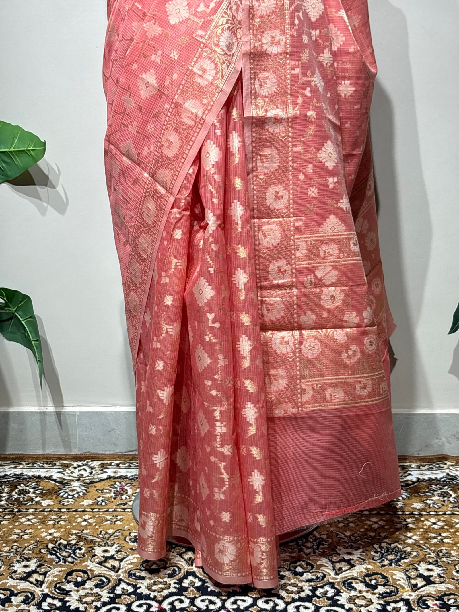 Peachy-rose pink Banarasi-style saree - Image 5