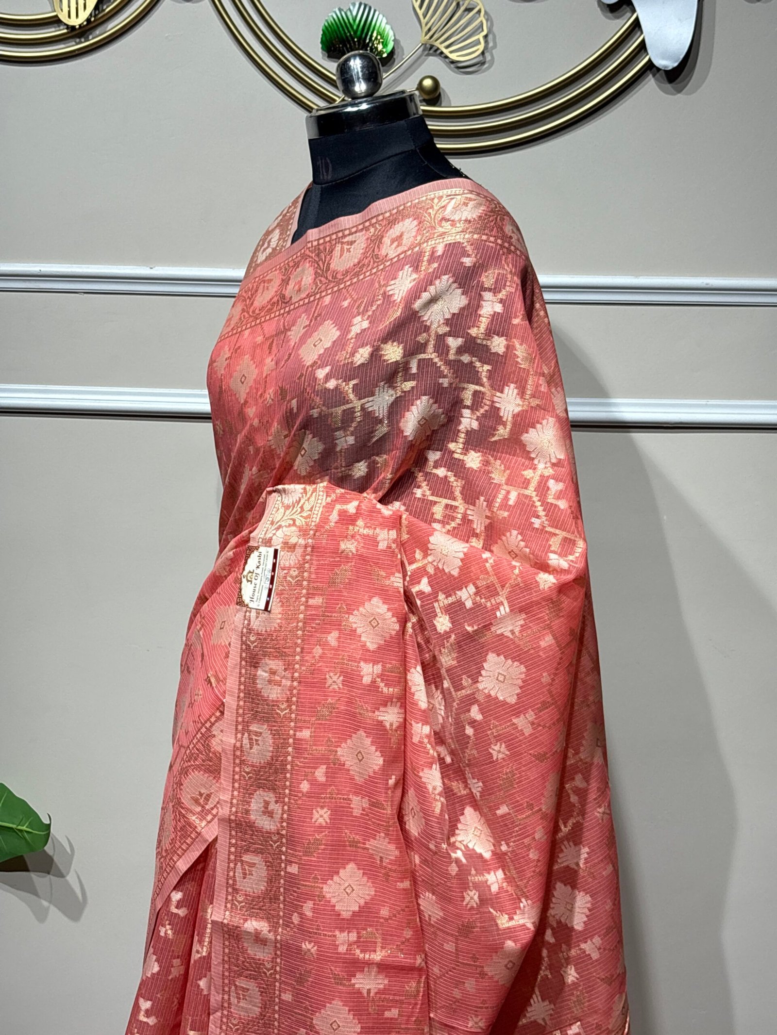 Peachy-rose pink Banarasi-style saree - Image 4