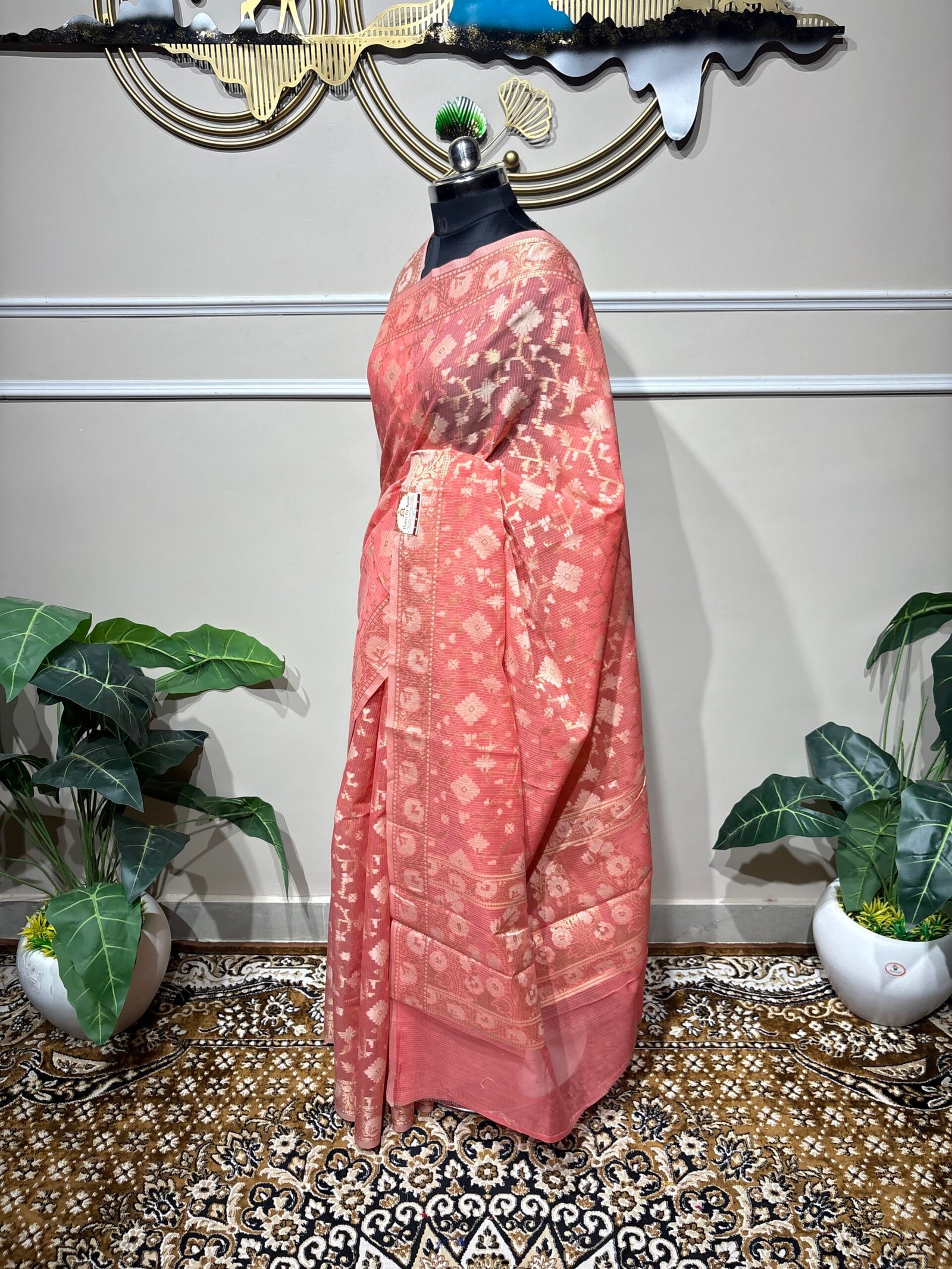 Peachy-rose pink Banarasi-style saree - Image 3